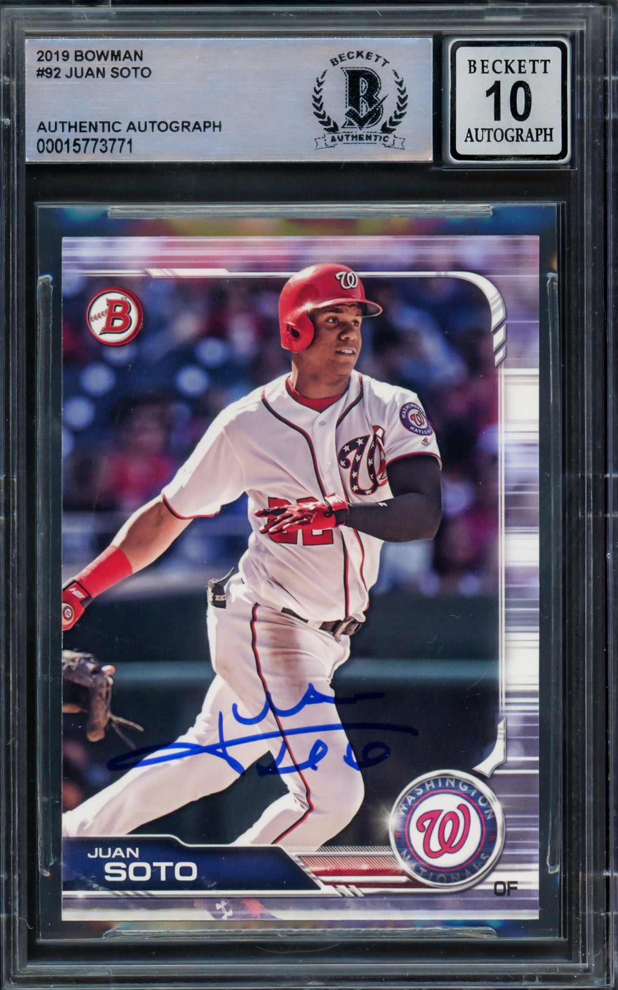 Juan Soto Autographed 2019 Bowman Card #92 New York Mets Auto Grade Gem Mint 10 Beckett BAS #15773771