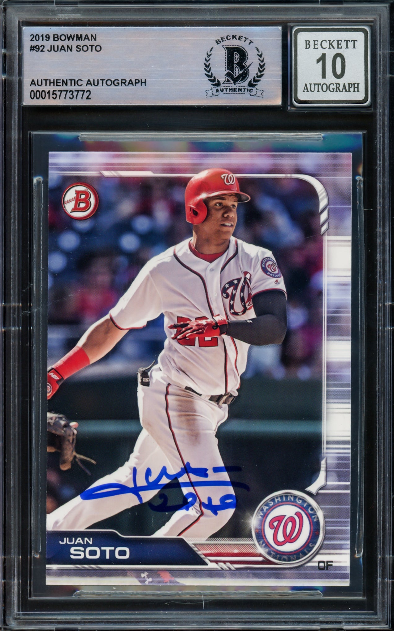 Juan Soto Autographed 2019 Bowman Card #92 New York Mets Auto Grade Gem Mint 10 Beckett BAS #15773772