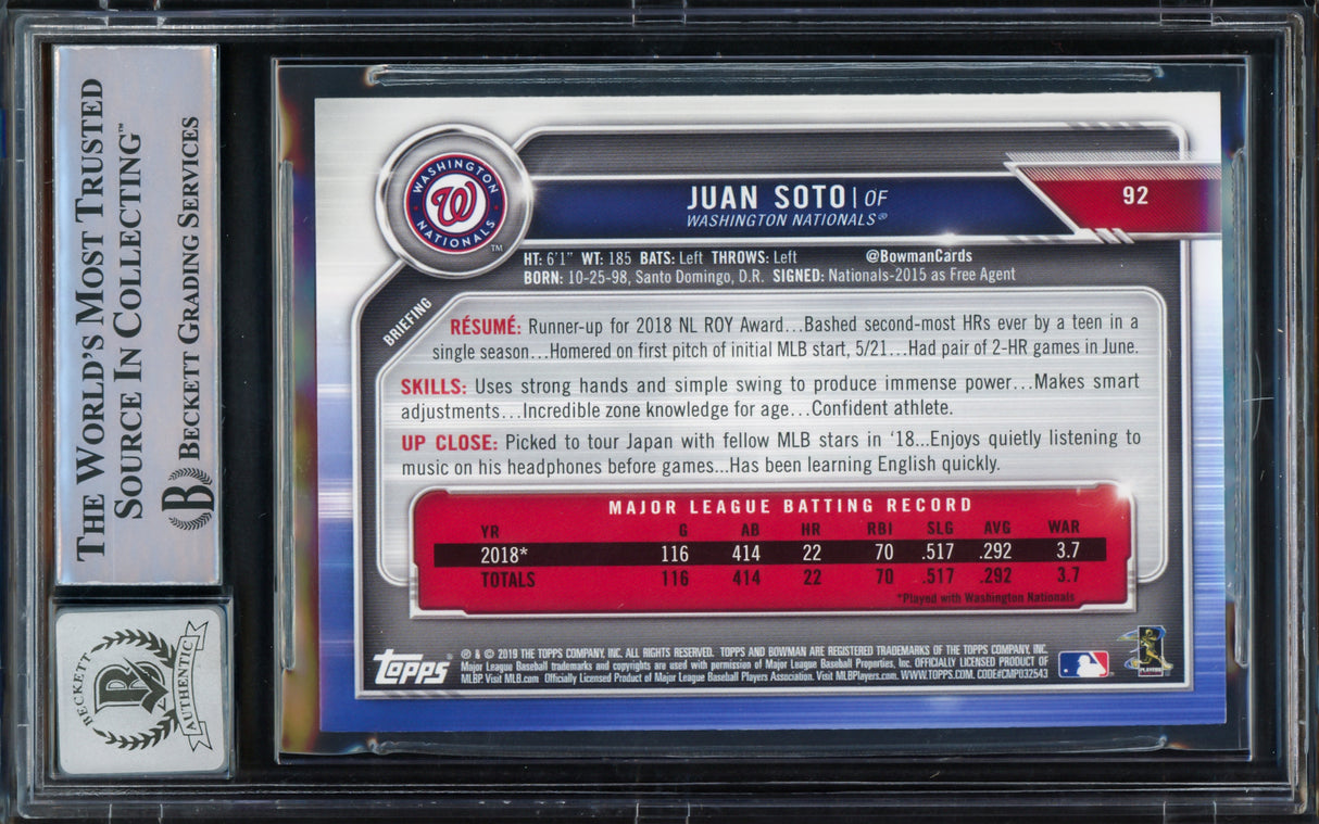 Juan Soto Autographed 2019 Bowman Card #92 New York Mets Auto Grade Gem Mint 10 Beckett BAS #15773772