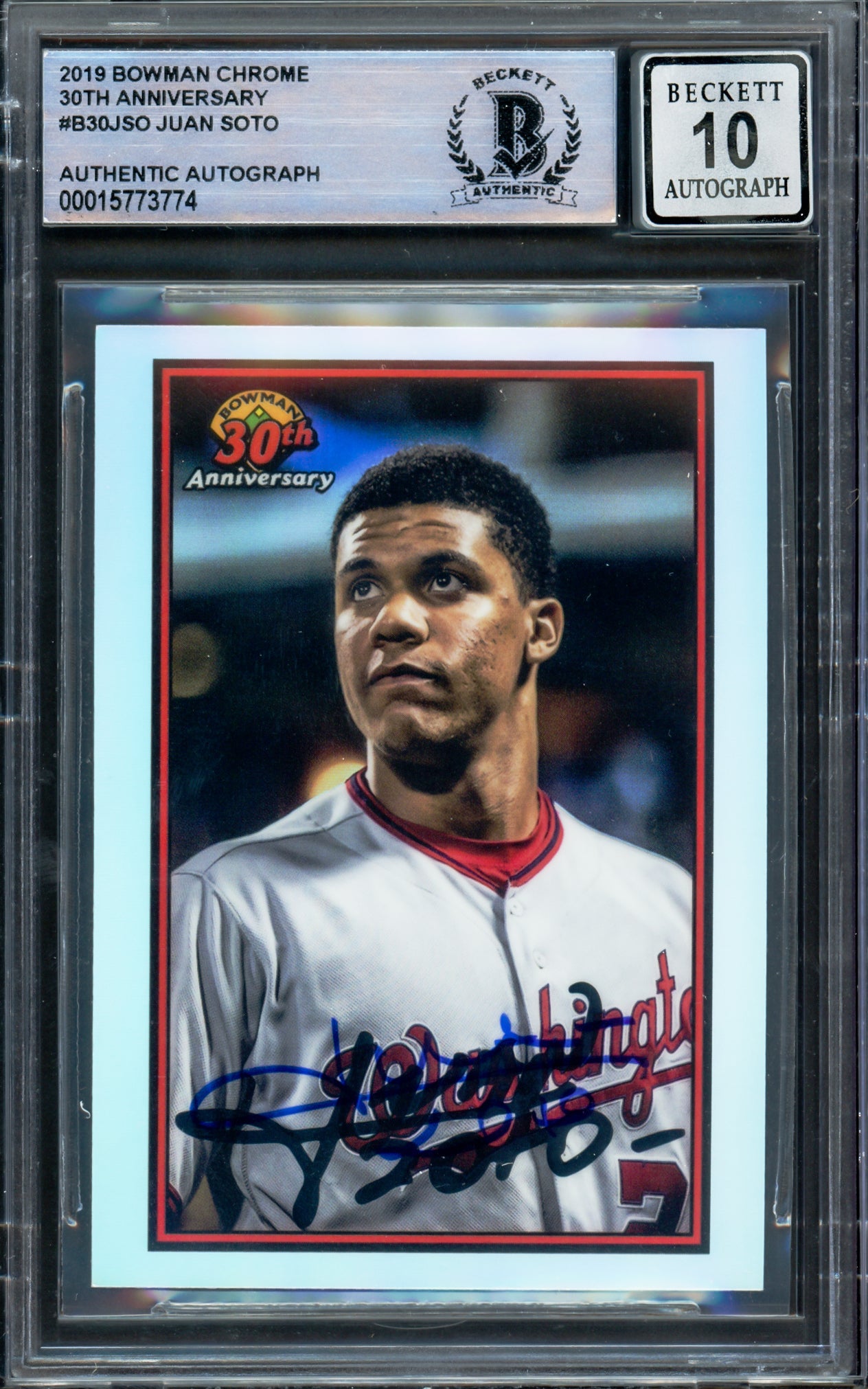 Juan Soto Autographed 2019 Bowman Chrome 1989 Refractor Card #B30-JSO New York Mets Auto Grade Gem Mint 10 Beckett BAS #15773774