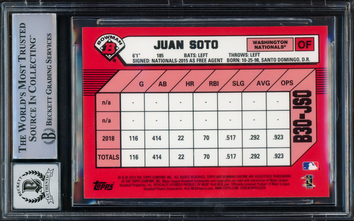 Juan Soto Autographed 2019 Bowman Chrome 1989 Refractor Card #B30-JSO New York Mets Auto Grade Gem Mint 10 Beckett BAS #15773774