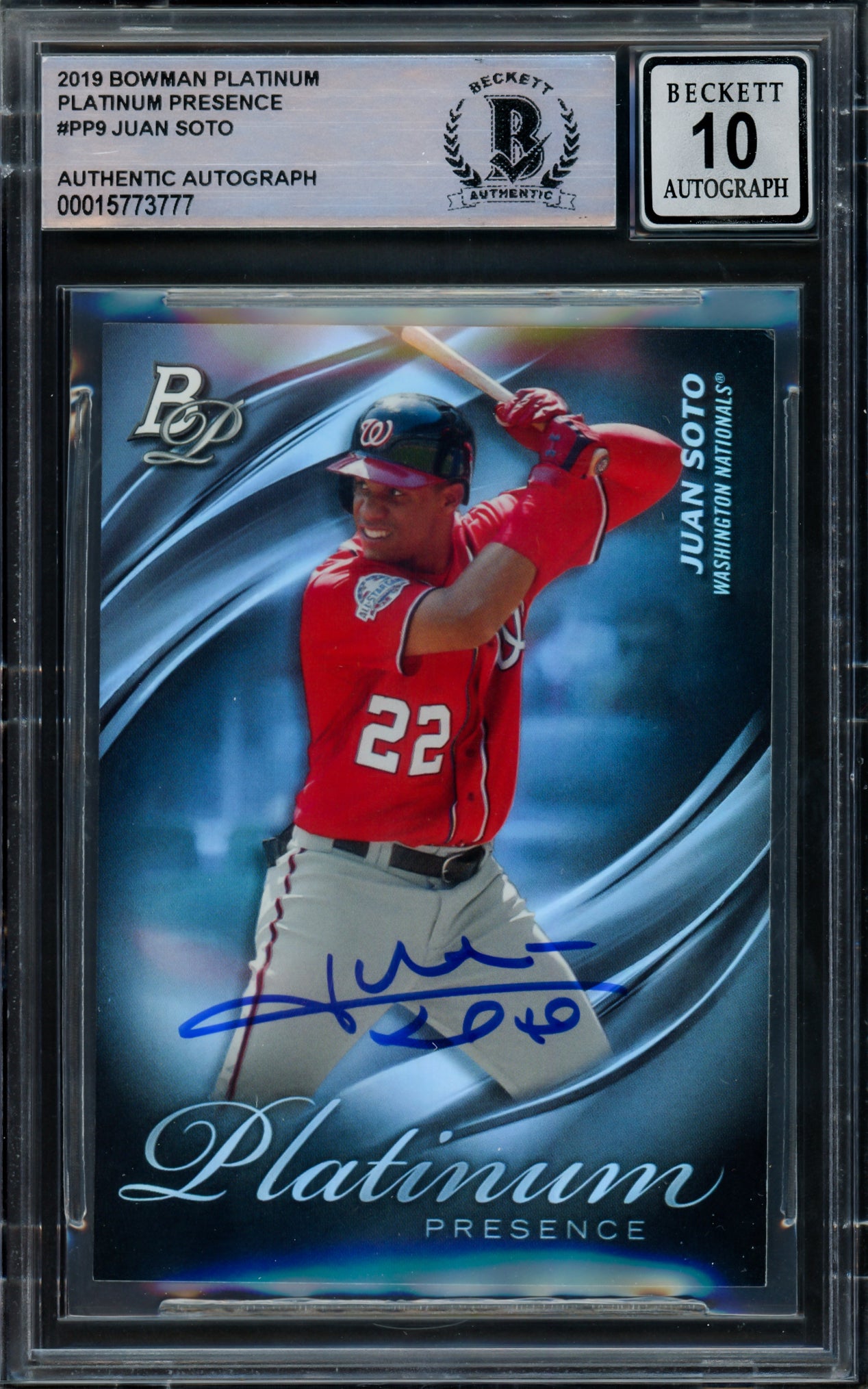 Juan Soto Autographed 2019 Bowman Platinum Presence Card #PP9 New York Mets Auto Grade Gem Mint 10 Beckett BAS #15773777