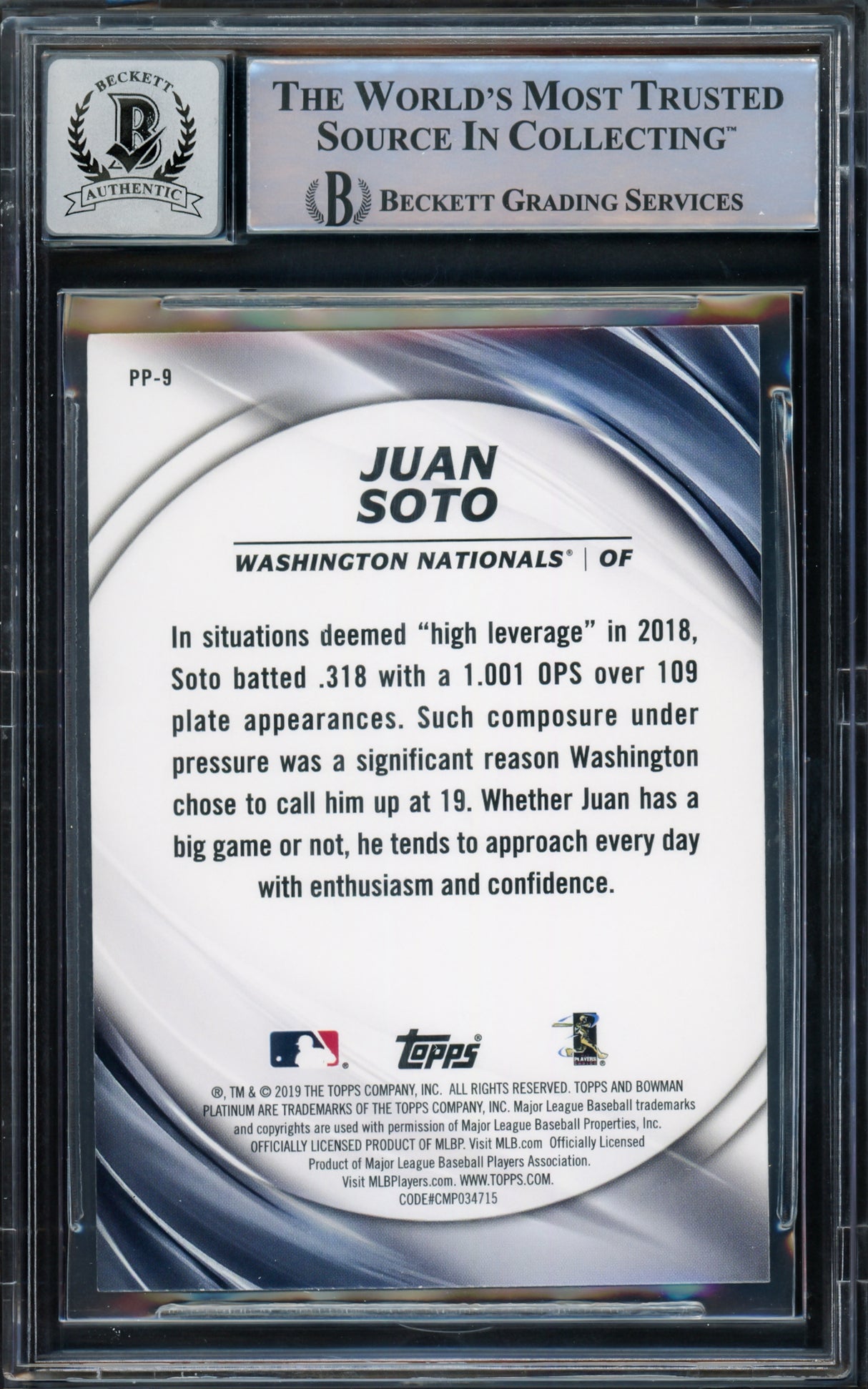Juan Soto Autographed 2019 Bowman Platinum Presence Card #PP9 New York Mets Auto Grade Gem Mint 10 Beckett BAS #15773777