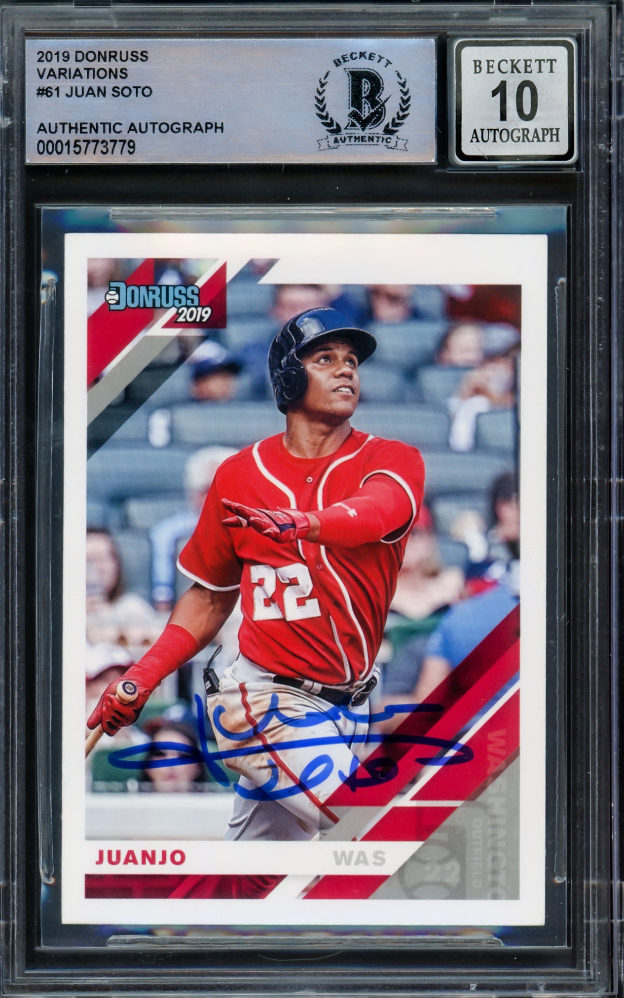 Juan Soto Autographed 2019 Donruss Variations Card #61 New York Mets Auto Grade Gem Mint 10 Beckett BAS #15773779