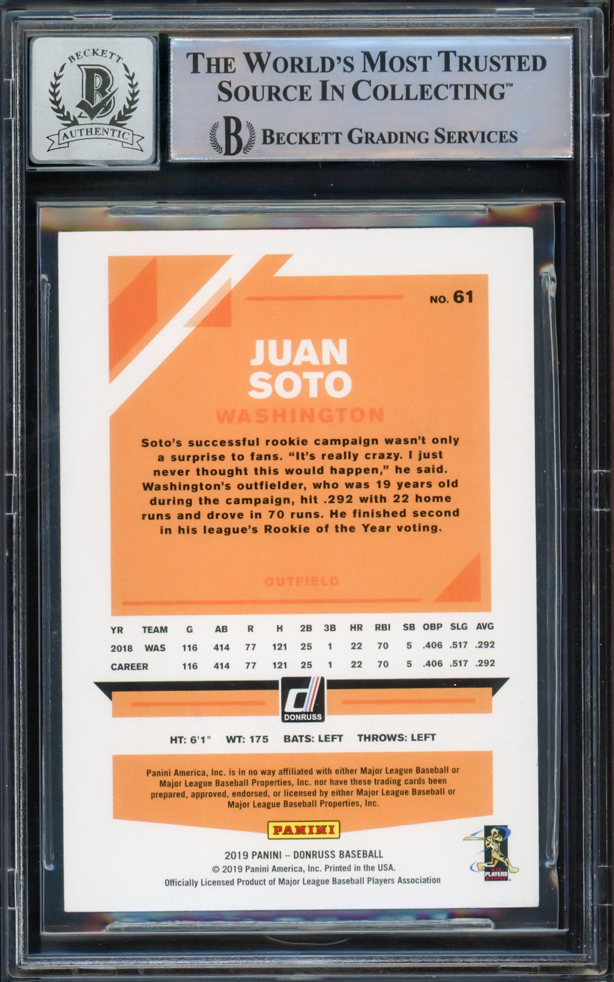 Juan Soto Autographed 2019 Donruss Variations Card #61 New York Mets Auto Grade Gem Mint 10 Beckett BAS #15773779