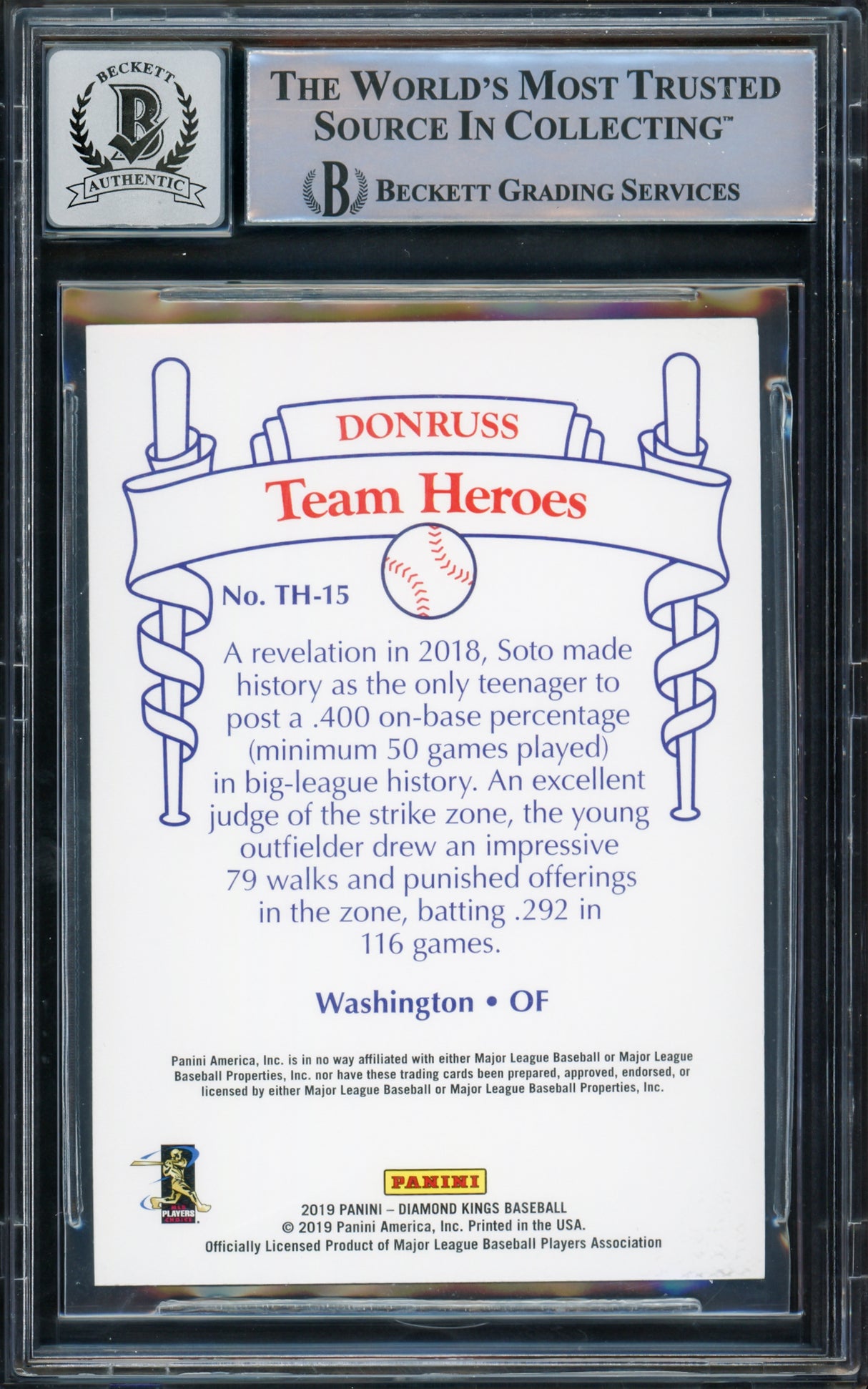 Juan Soto Autographed 2019 Panini Diamond Kings Card #TH15 New York Mets Auto Grade Gem Mint 10 Beckett BAS #15773782