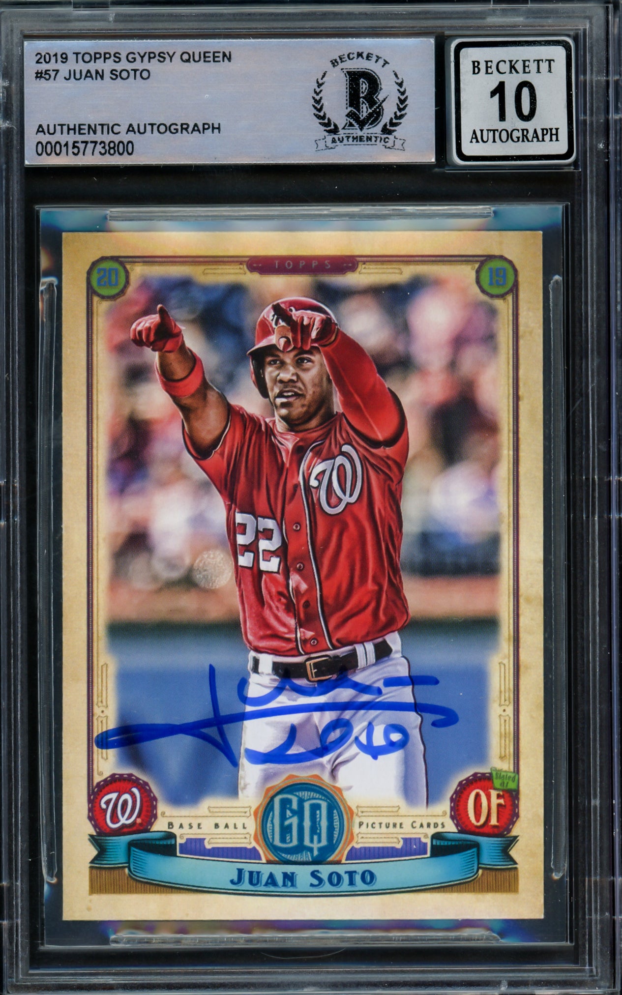 Juan Soto Autographed 2019 Topps Gypsy Queen Card #57 New York Mets Auto Grade Gem Mint 10 Beckett BAS #15773800