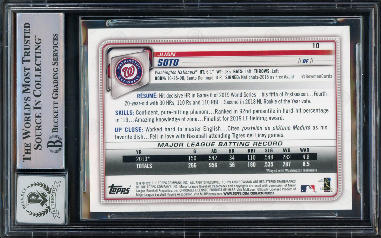 Juan Soto Autographed 2020 Bowman Card #10 New York Mets Auto Grade Gem Mint 10 Beckett BAS #15773808