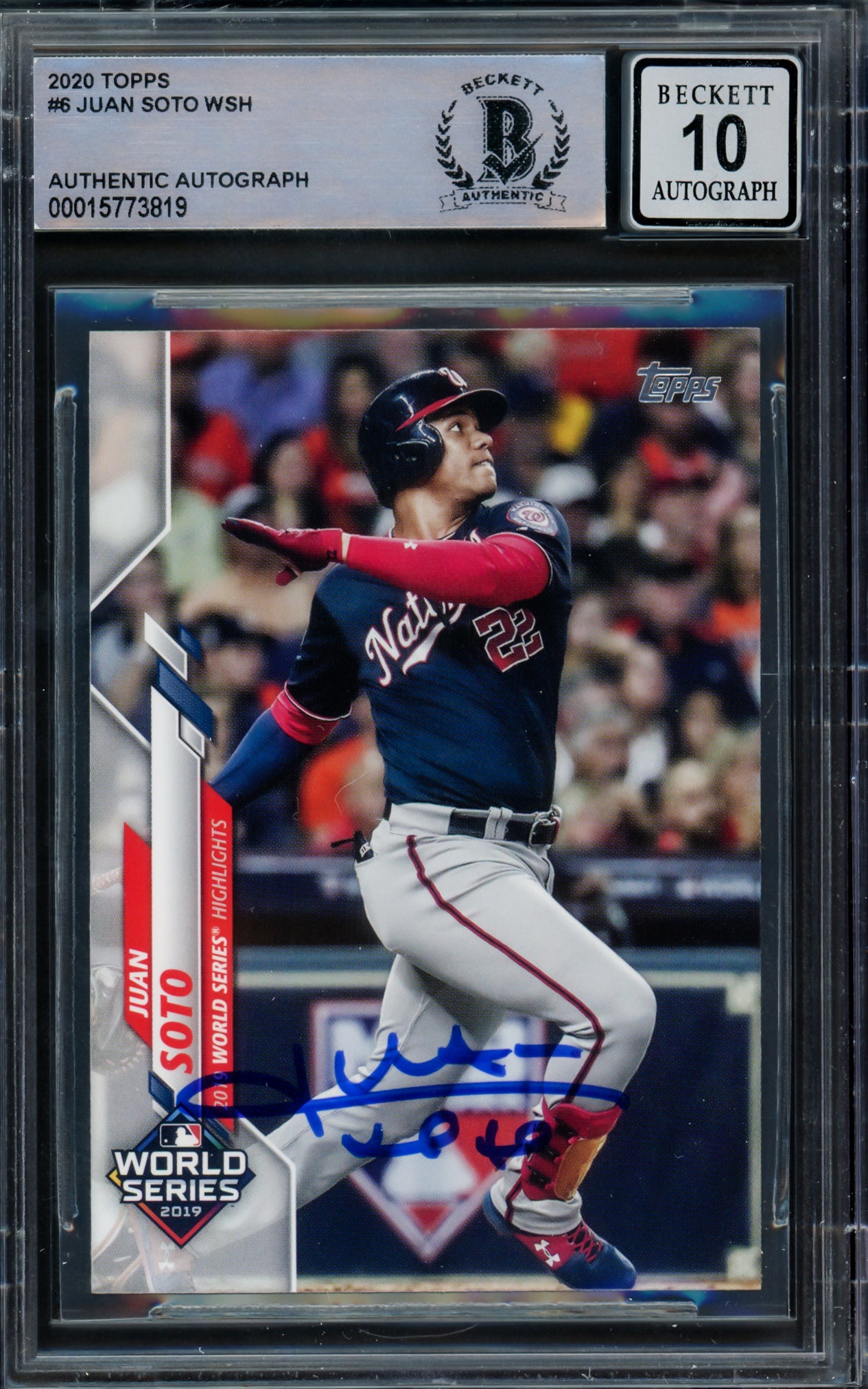 Juan Soto Autographed 2020 Topps World Series Card #6 New York Mets Auto Grade Gem Mint 10 Beckett BAS #15773819