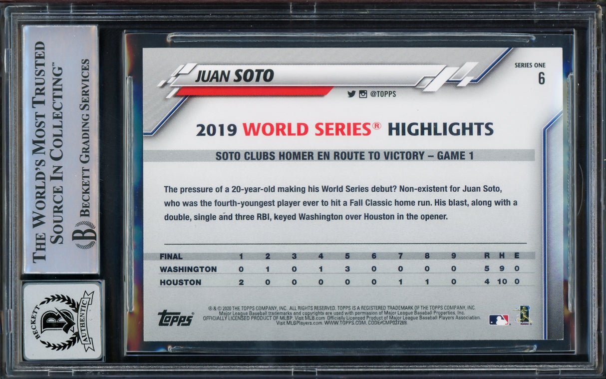 Juan Soto Autographed 2020 Topps World Series Card #6 New York Mets Auto Grade Gem Mint 10 Beckett BAS #15773819