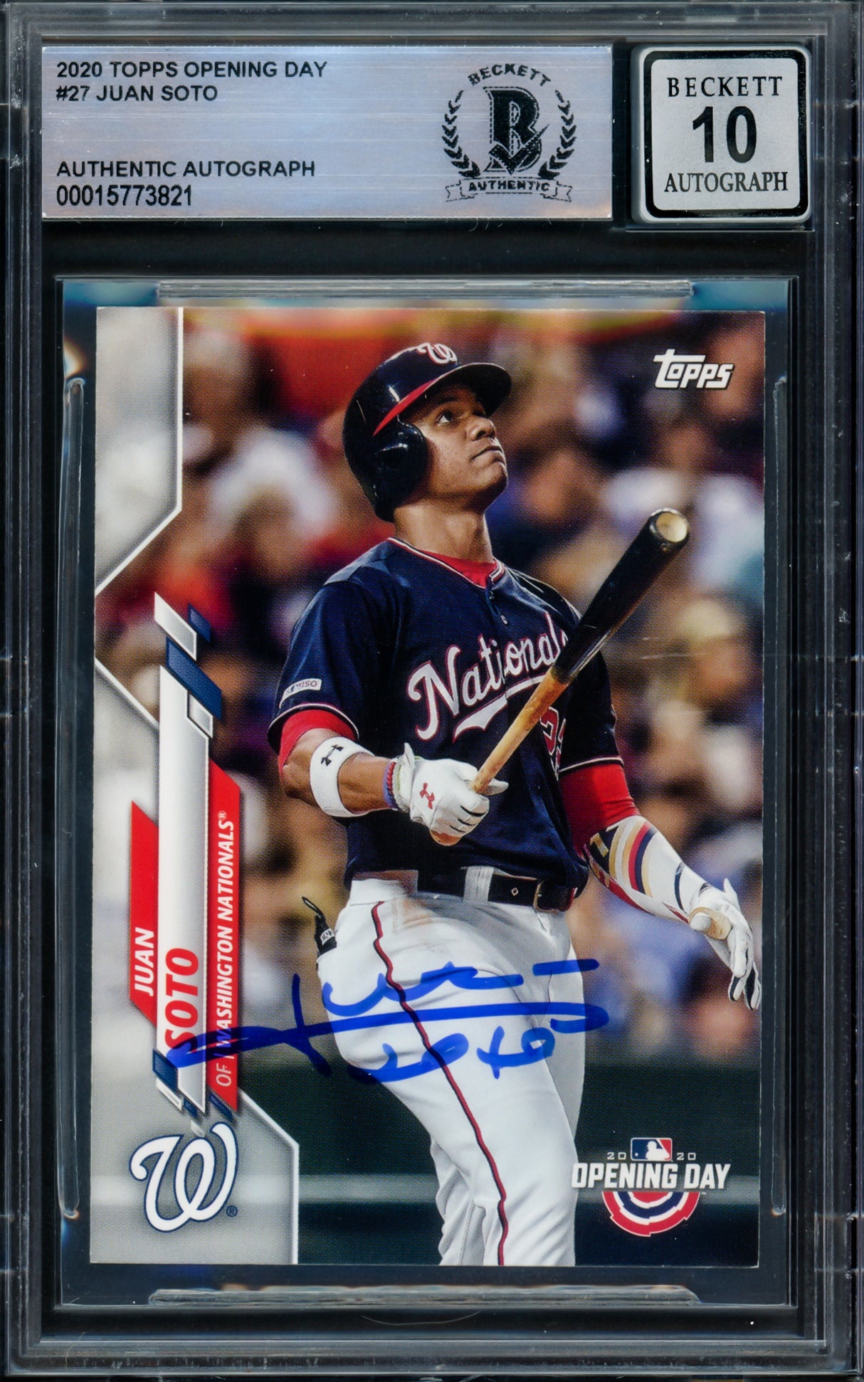 Juan Soto Autographed 2020 Topps Opening Day Card #27 New York Mets Auto Grade Gem Mint 10 Beckett BAS #15773821