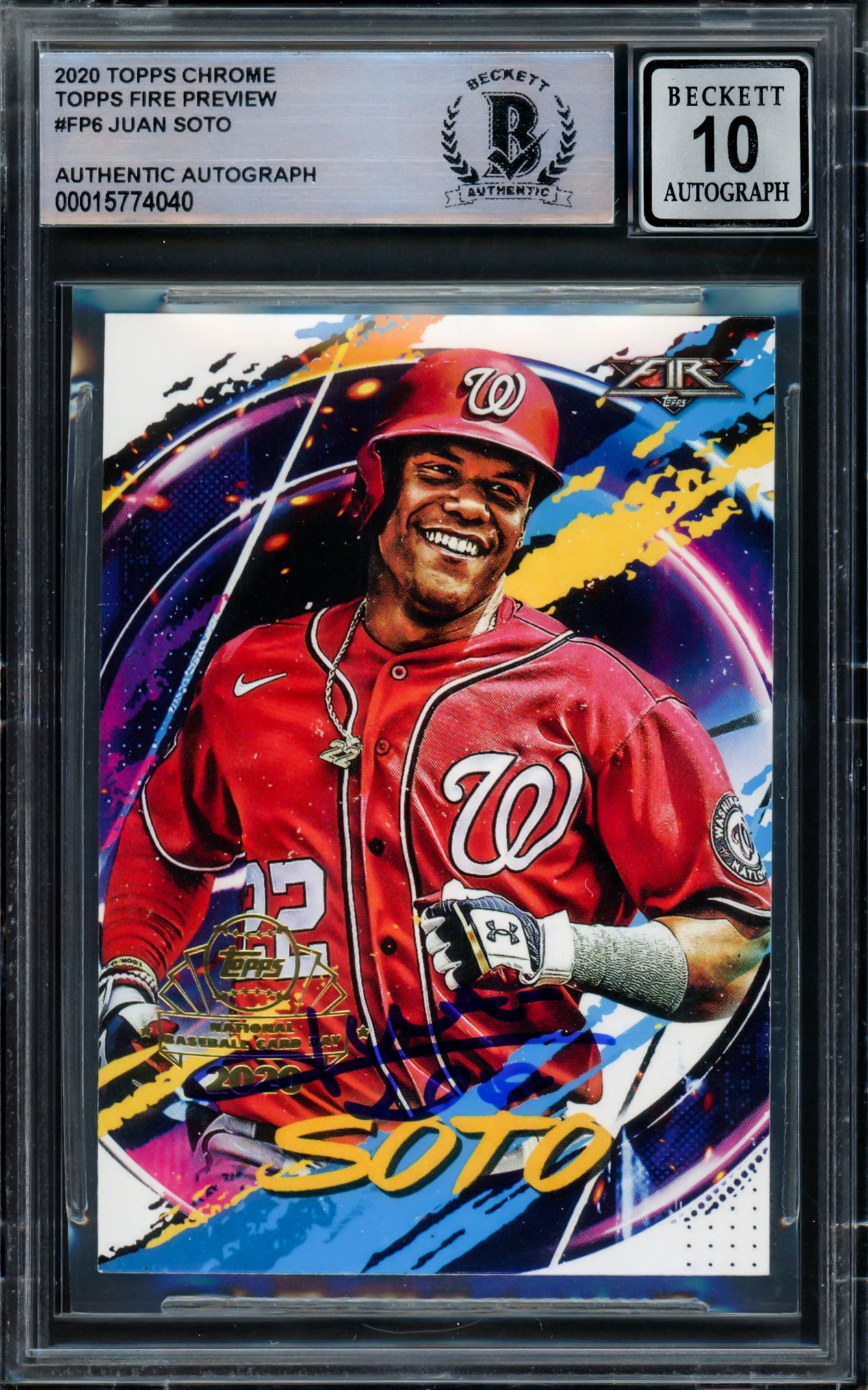 Juan Soto Autographed 2020 Topps Fire National BB Card Day Card #FP-6 New York Mets Auto Grade Gem Mint 10 Beckett BAS #15774040