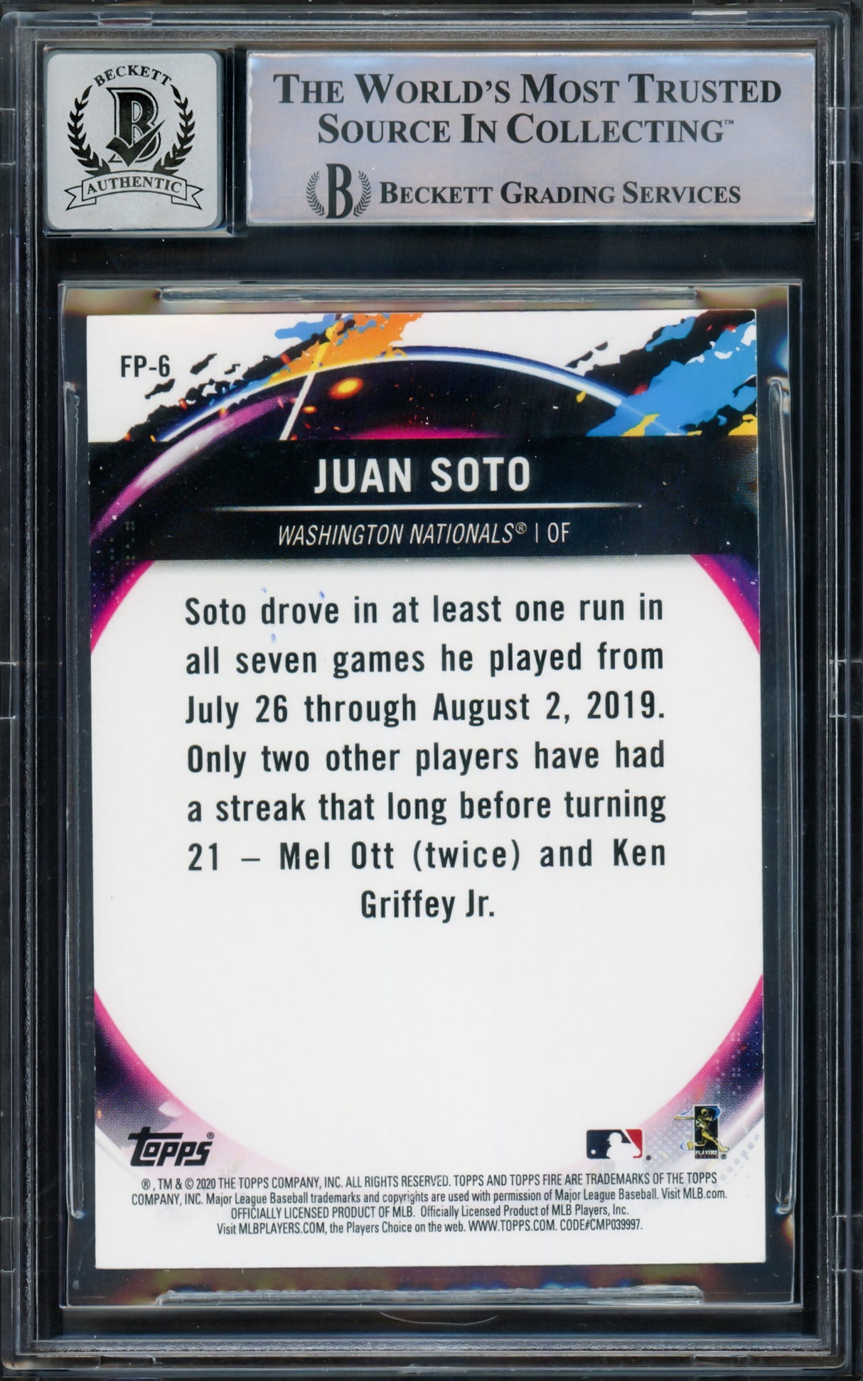 Juan Soto Autographed 2020 Topps Fire National BB Card Day Card #FP-6 New York Mets Auto Grade Gem Mint 10 Beckett BAS #15774040