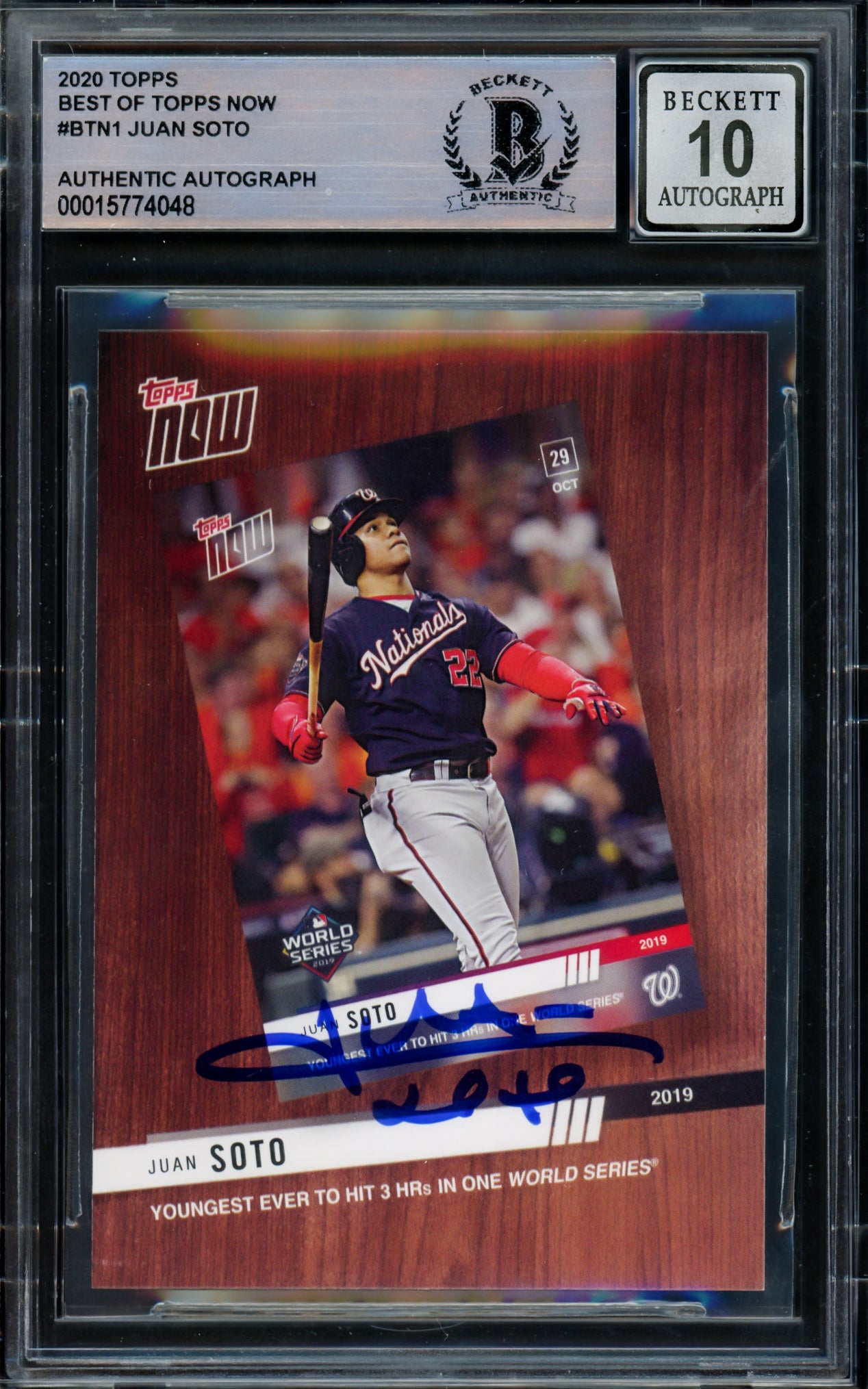 Juan Soto Autographed 2020 Topps Now Card #BTN1 New York Mets Auto Grade Gem Mint 10 Beckett BAS #15774048