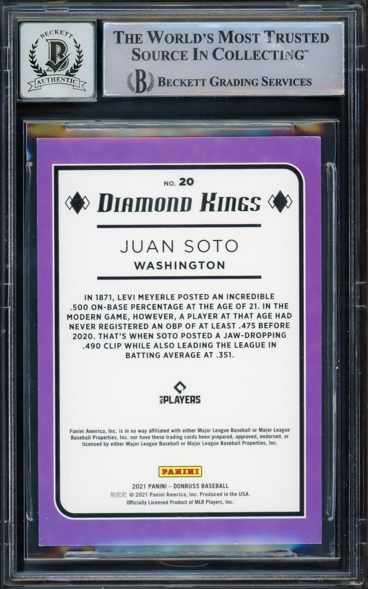 Juan Soto Autographed 2021 Donruss Diamond Kings Card #20 New York Mets Auto Grade Gem Mint 10 Beckett BAS #15774049