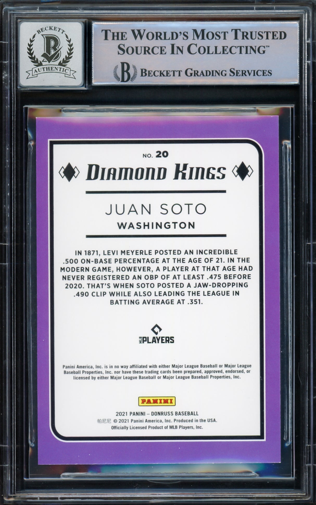 Juan Soto Autographed 2021 Donruss Diamond Kings Card #20 New York Mets Auto Grade Gem Mint 10 Beckett BAS #15774050