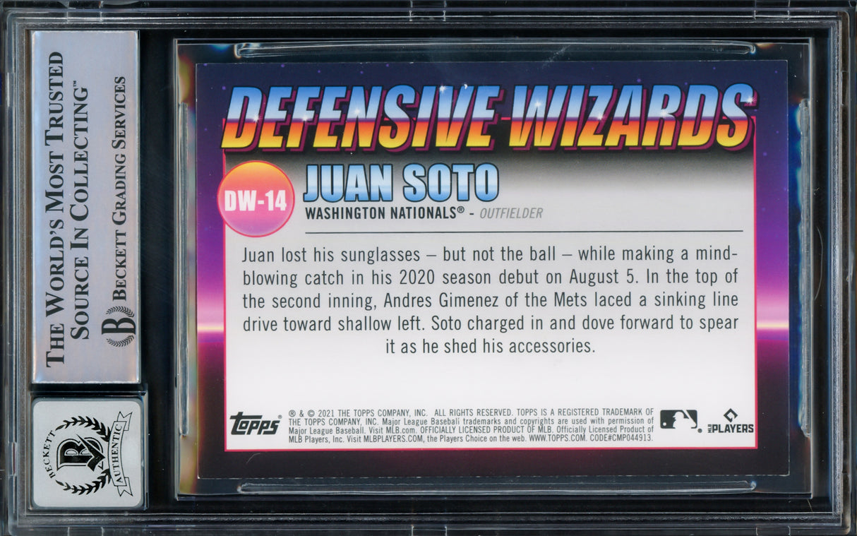 Juan Soto Autographed 2021 Topps Big League Defensive Wizards Card #DW-14 New York Mets Auto Grade Gem Mint 10 Beckett BAS #15774061