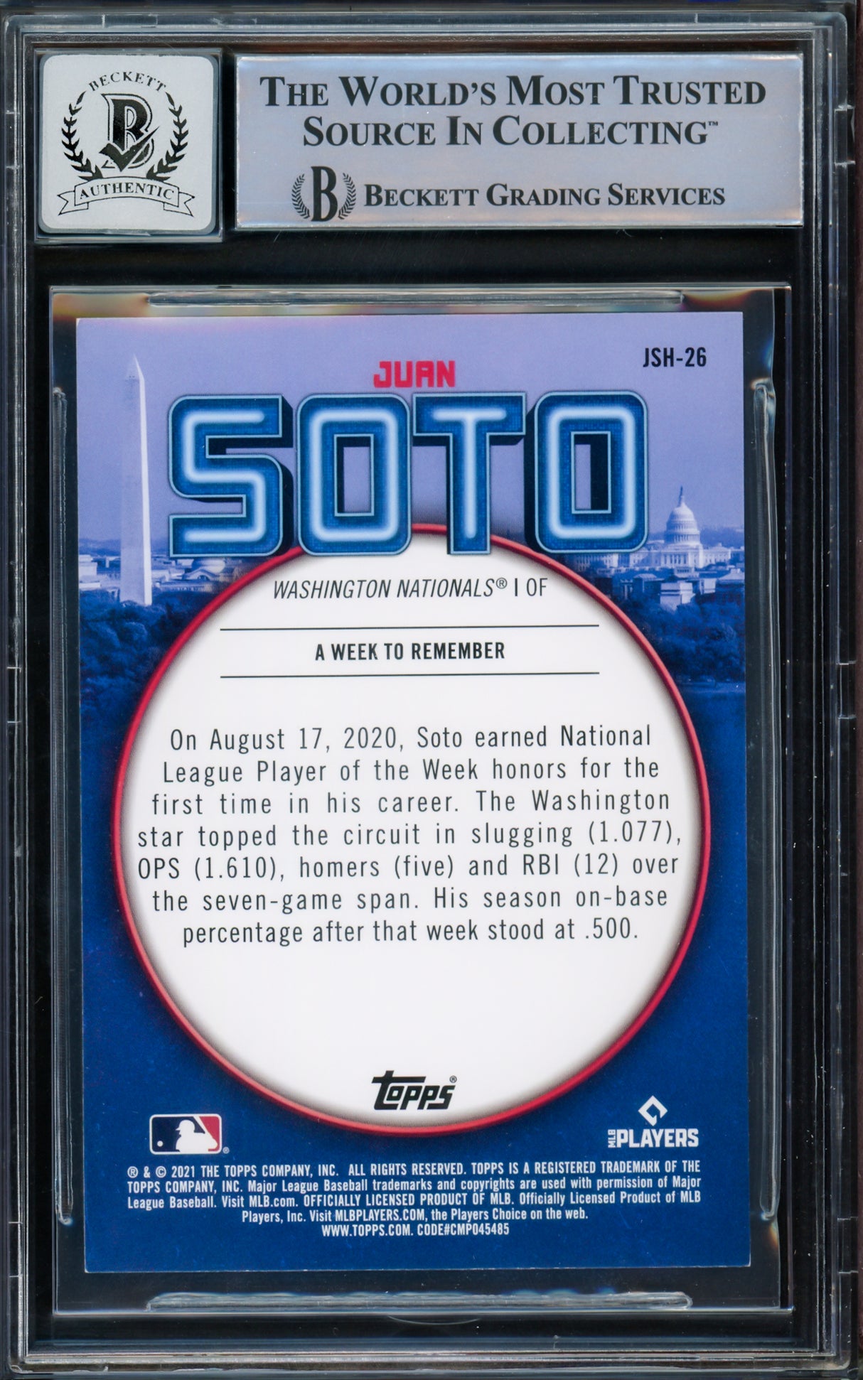 Juan Soto Autographed 2021 Topps Week To Remember Card #JSH26 New York Mets Auto Grade Gem Mint 10 Beckett BAS #15774062