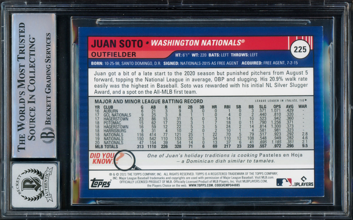 Juan Soto Autographed 2021 Topps Big League Card #225 New York Mets Auto Grade Gem Mint 10 Beckett BAS #15774065