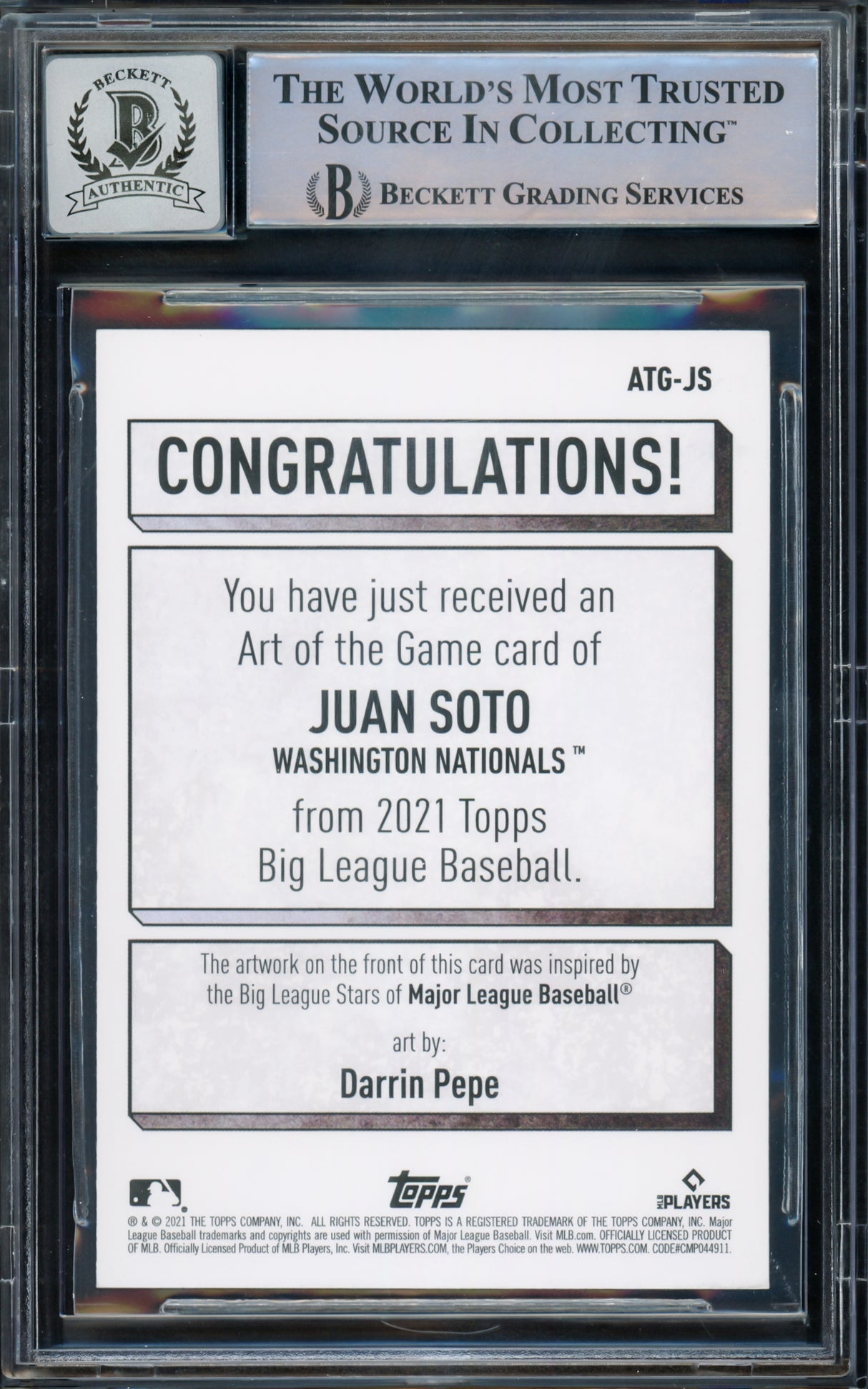 Juan Soto Autographed 2021 Topps Big League Art of the Game Card #ATG-JS New York Mets Auto Grade Gem Mint 10 Beckett BAS #15774066