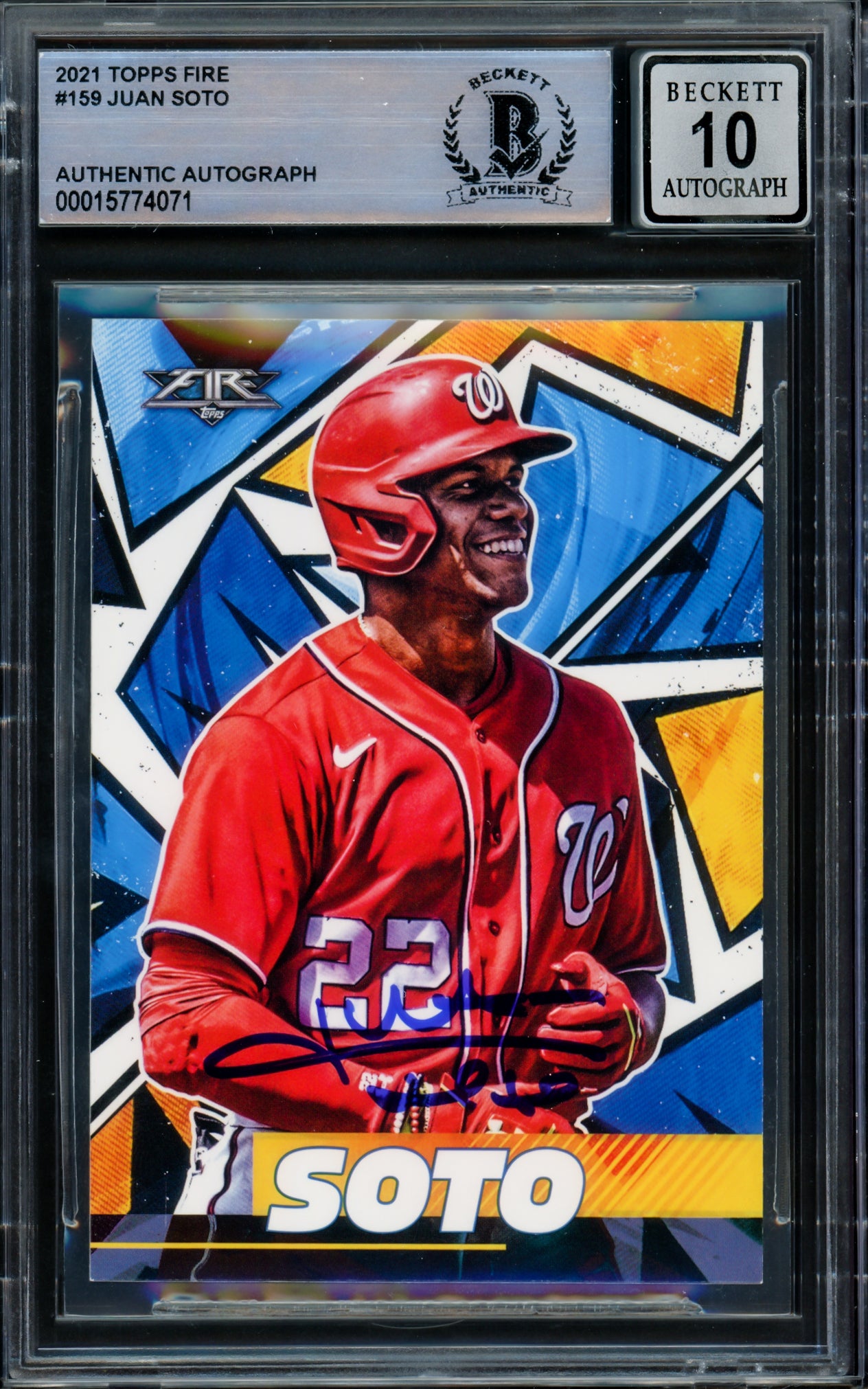 Juan Soto Autographed 2021 Topps Fire Card #159 New York Mets Auto Grade Gem Mint 10 Beckett BAS #15774071