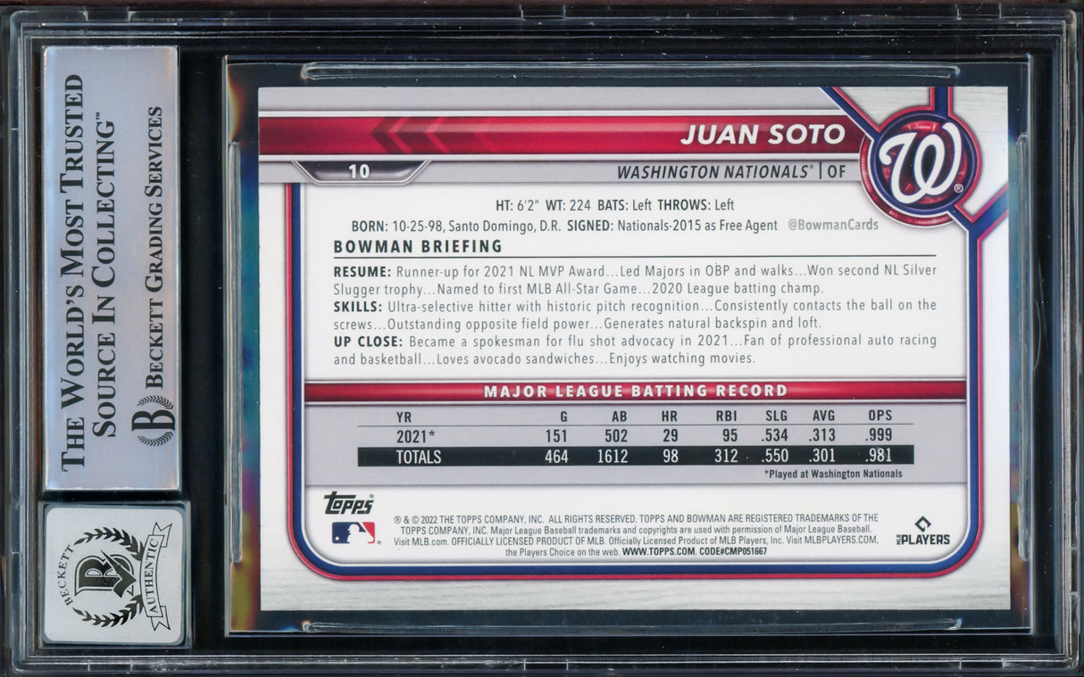 Juan Soto Autographed 2022 Bowman Card #10 New York Mets Auto Grade Gem Mint 10 Beckett BAS #15774089