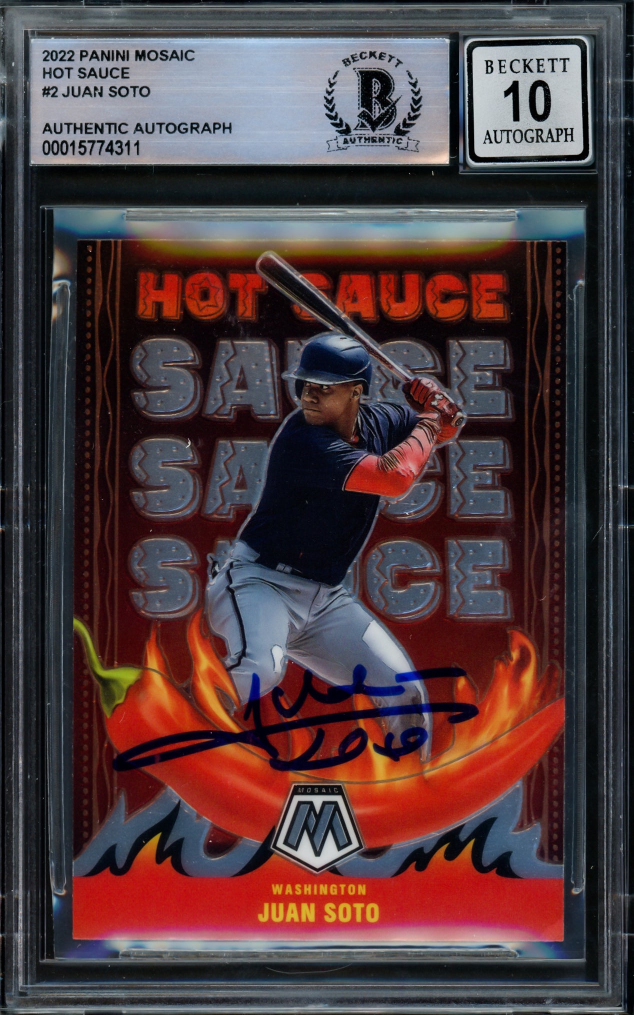 Juan Soto Autographed 2022 Panini Mosaic Hot Sauce Card #HS-2 New York Mets Auto Grade Gem Mint 10 Beckett BAS #15774311