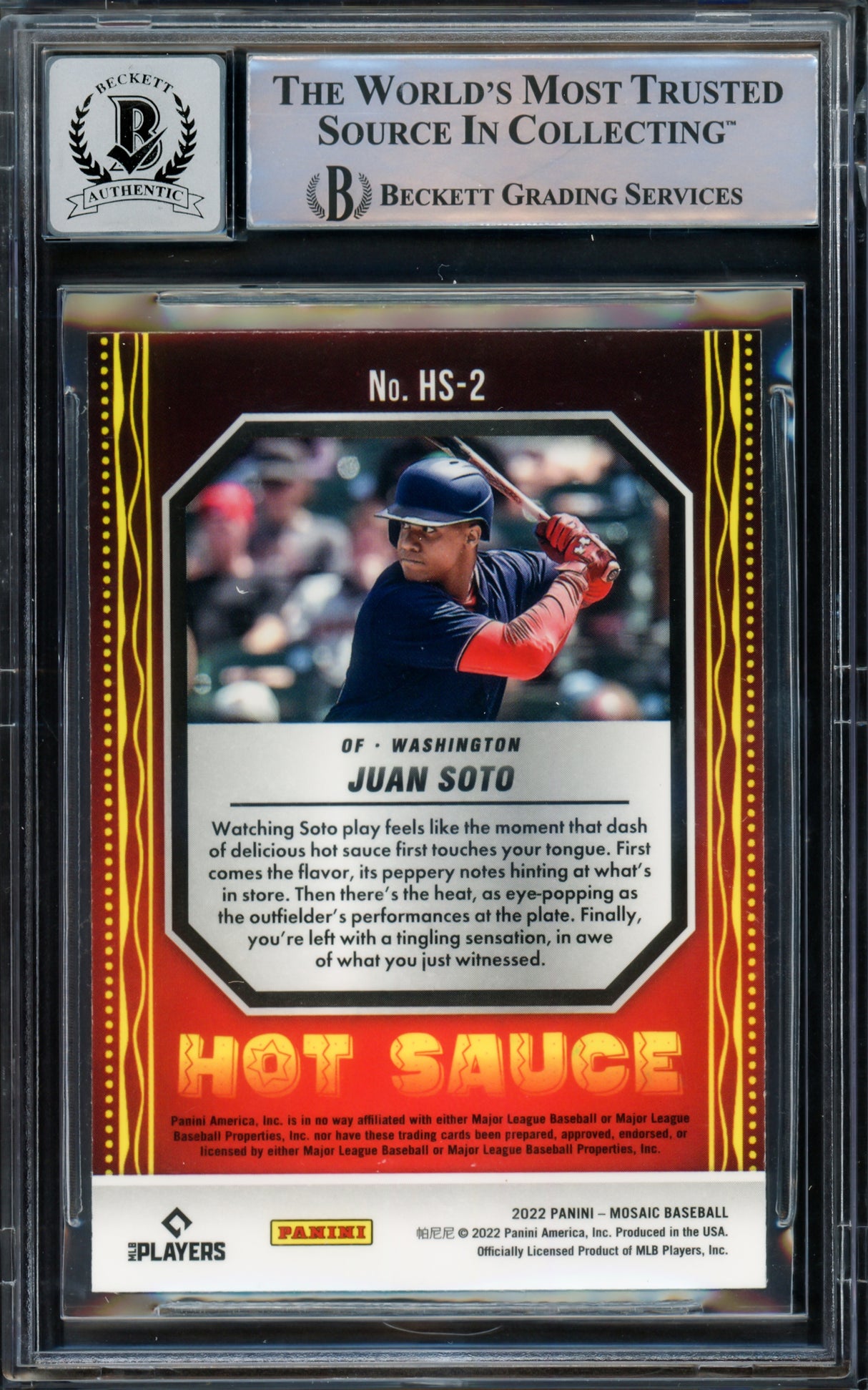 Juan Soto Autographed 2022 Panini Mosaic Hot Sauce Card #HS-2 New York Mets Auto Grade Gem Mint 10 Beckett BAS #15774311