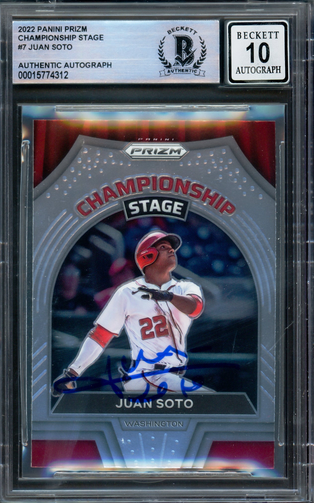 Juan Soto Autographed 2022 Panini Prizm Championship Stage Card #CS-7 New York Mets Auto Grade Gem Mint 10 Beckett BAS #15774312
