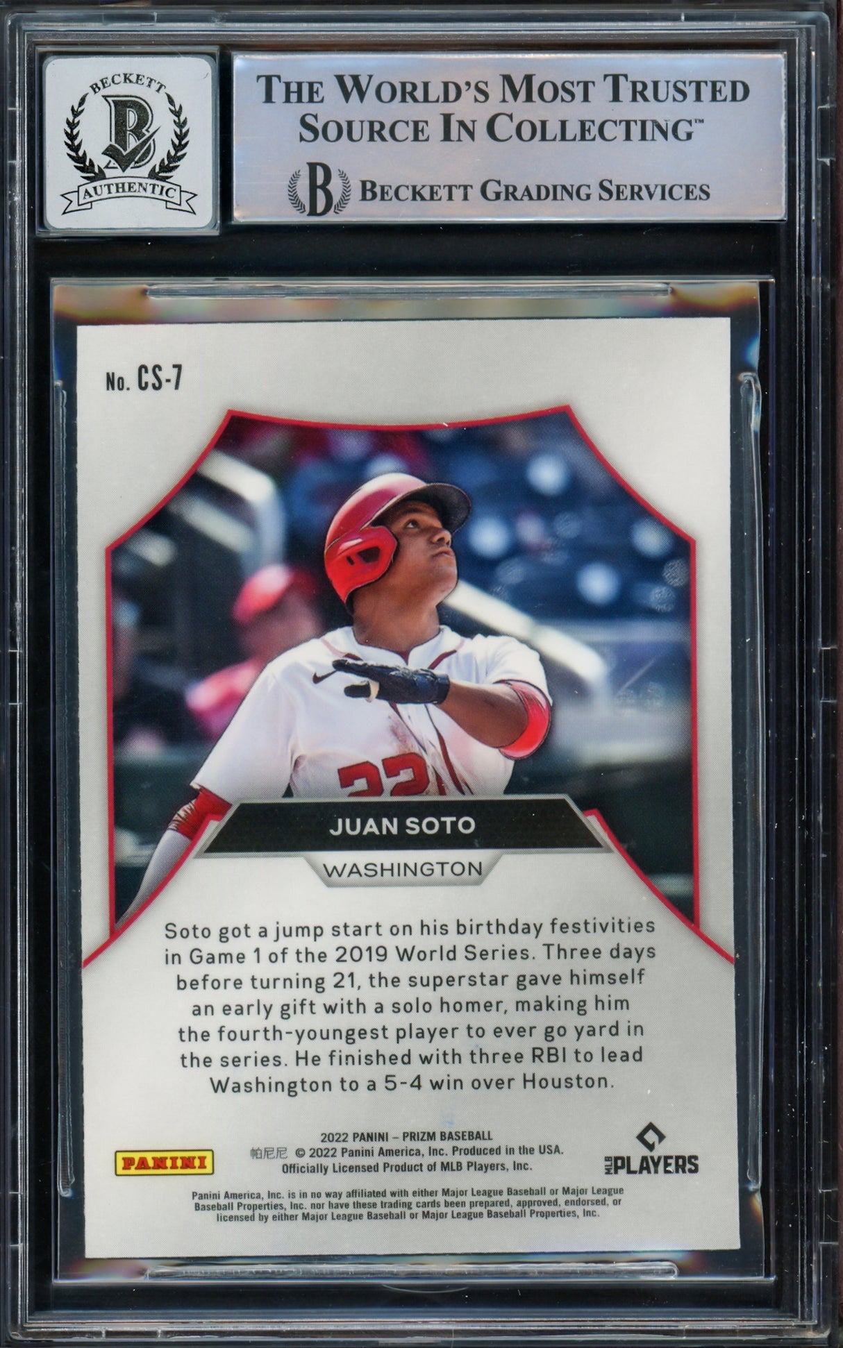 Juan Soto Autographed 2022 Panini Prizm Championship Stage Card #CS-7 New York Mets Auto Grade Gem Mint 10 Beckett BAS #15774312