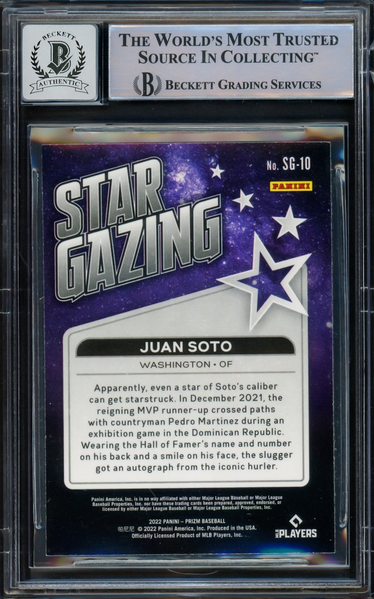 Juan Soto Autographed 2022 Panini Prizm Star Gazing Card #SG-10 New York Mets Auto Grade Gem Mint 10 Beckett BAS #15774313
