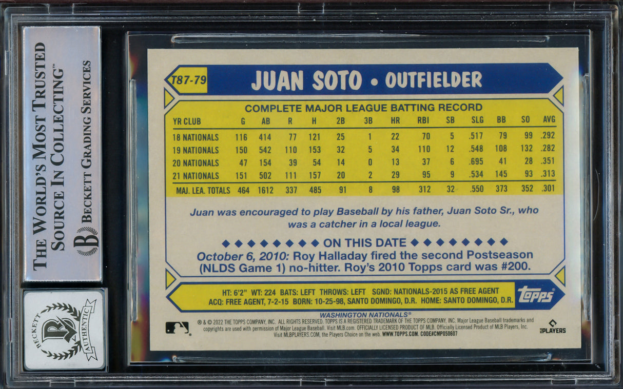 Juan Soto Autographed 2022 Topps 1987 Style Card #T87-79 New York Mets Auto Grade Gem Mint 10 Beckett BAS #15774325