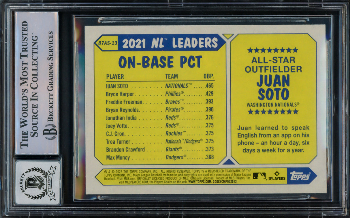 Juan Soto Autographed 2022 Topps 1987 Style Card #87AS-13 New York Mets Auto Grade Gem Mint 10 Beckett BAS #15774326