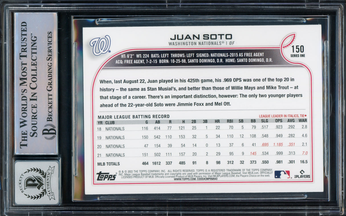 Juan Soto Autographed 2022 Topps Card #150 New York Mets Auto Grade Gem Mint 10 Beckett BAS #15774329