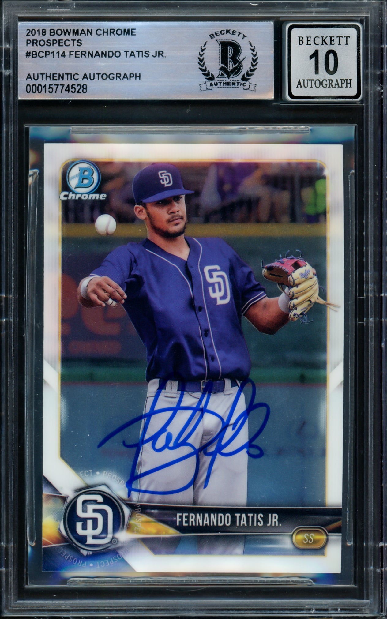 Fernando Tatis Jr. Autographed 2018 Bowman Chrome Rookie Card #BCP114 San Diego Padres Auto Grade Gem Mint 10 Beckett BAS #15774528