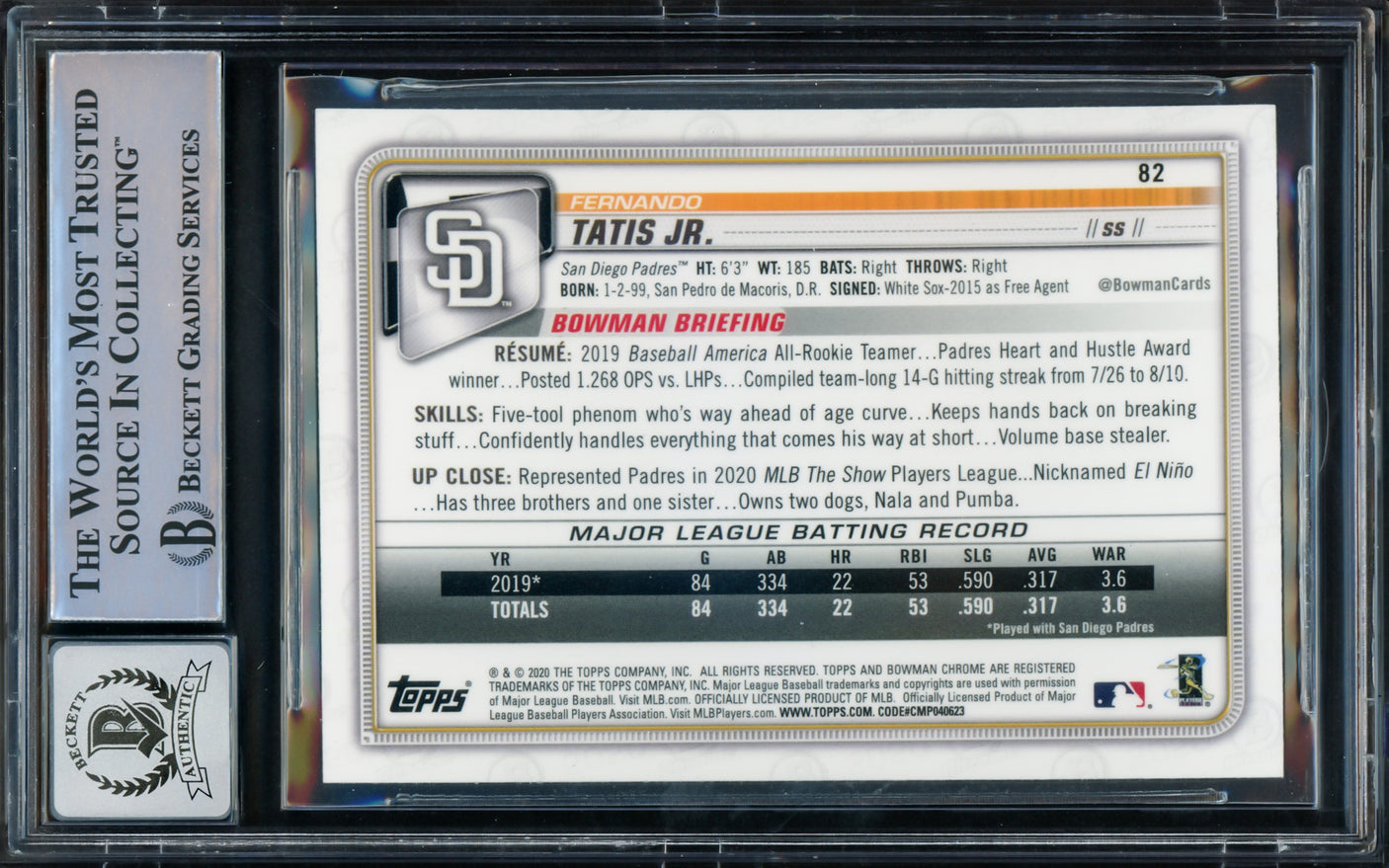Fernando Tatis Jr. Autographed 2020 Bowman Chrome Card #82 San Diego Padres Auto Grade Gem Mint 10 Beckett BAS #15774539
