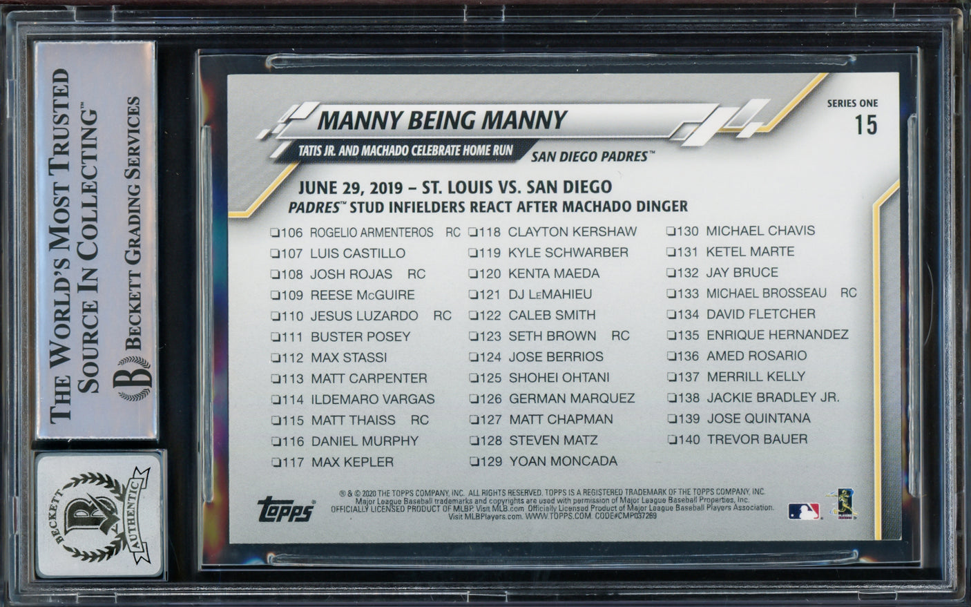 Fernando Tatis Jr. Autographed 2020 Topps Card #15 San Diego Padres Auto Grade Gem Mint 10 Beckett BAS #15774590