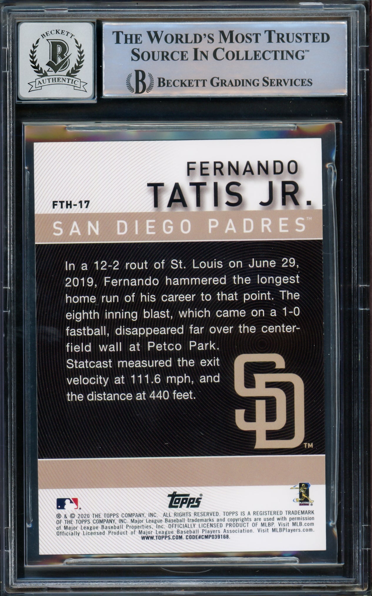 Fernando Tatis Jr. Autographed 2020 Topps Card #FTH-17 San Diego Padres Auto Grade Gem Mint 10 Beckett BAS #15774857