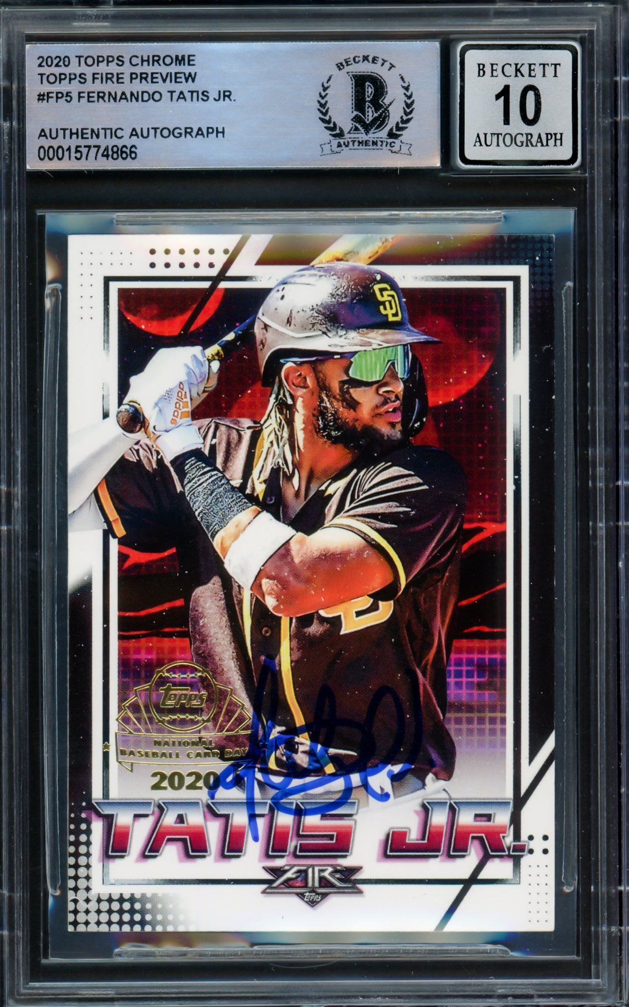 Fernando Tatis Jr. Autographed 2020 Topps Fire National BB Card Day Card #FP-5 San Diego Padres Auto Grade Gem Mint 10 Beckett BAS #15774866