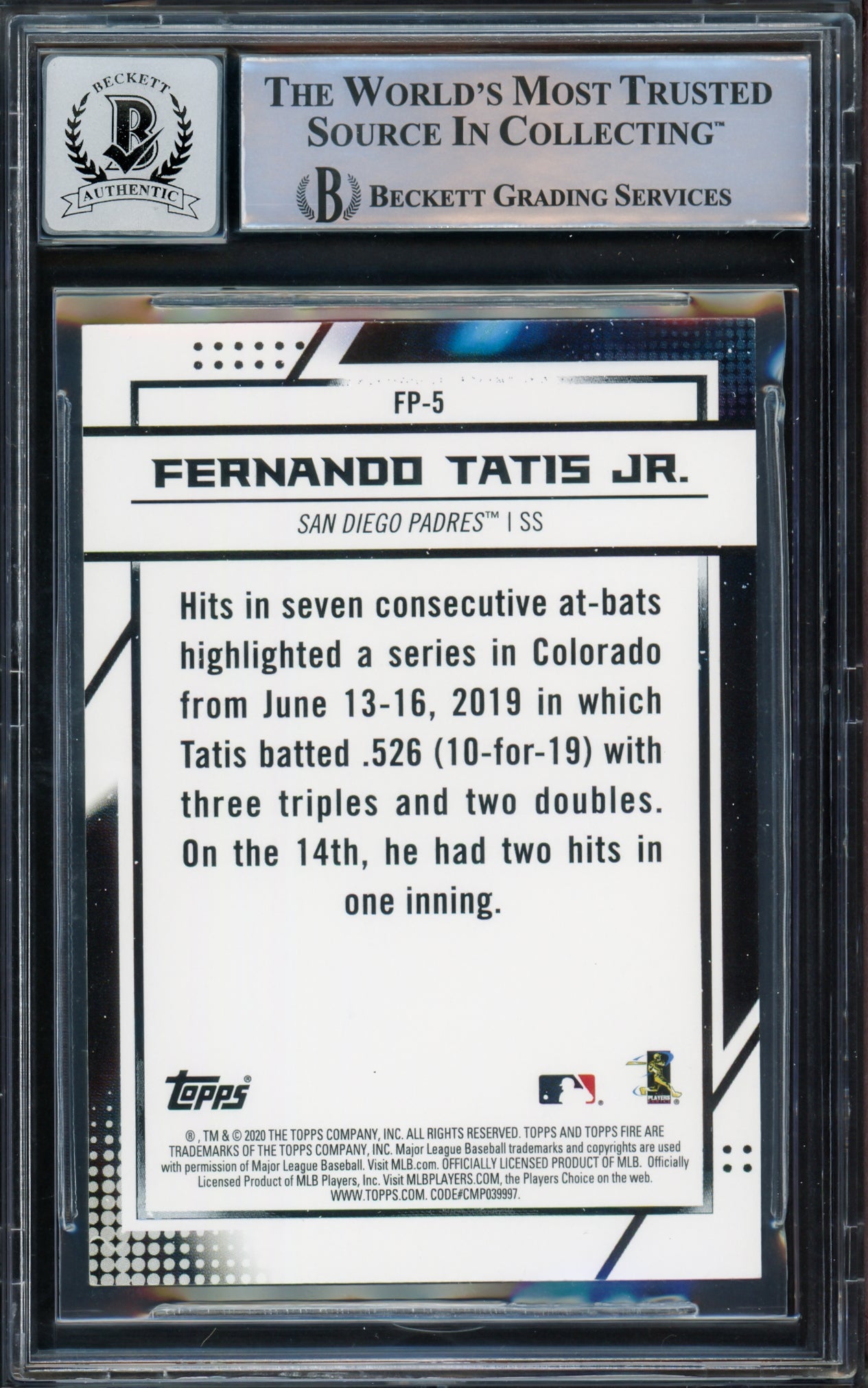 Fernando Tatis Jr. Autographed 2020 Topps Fire National BB Card Day Card #FP-5 San Diego Padres Auto Grade Gem Mint 10 Beckett BAS #15774866