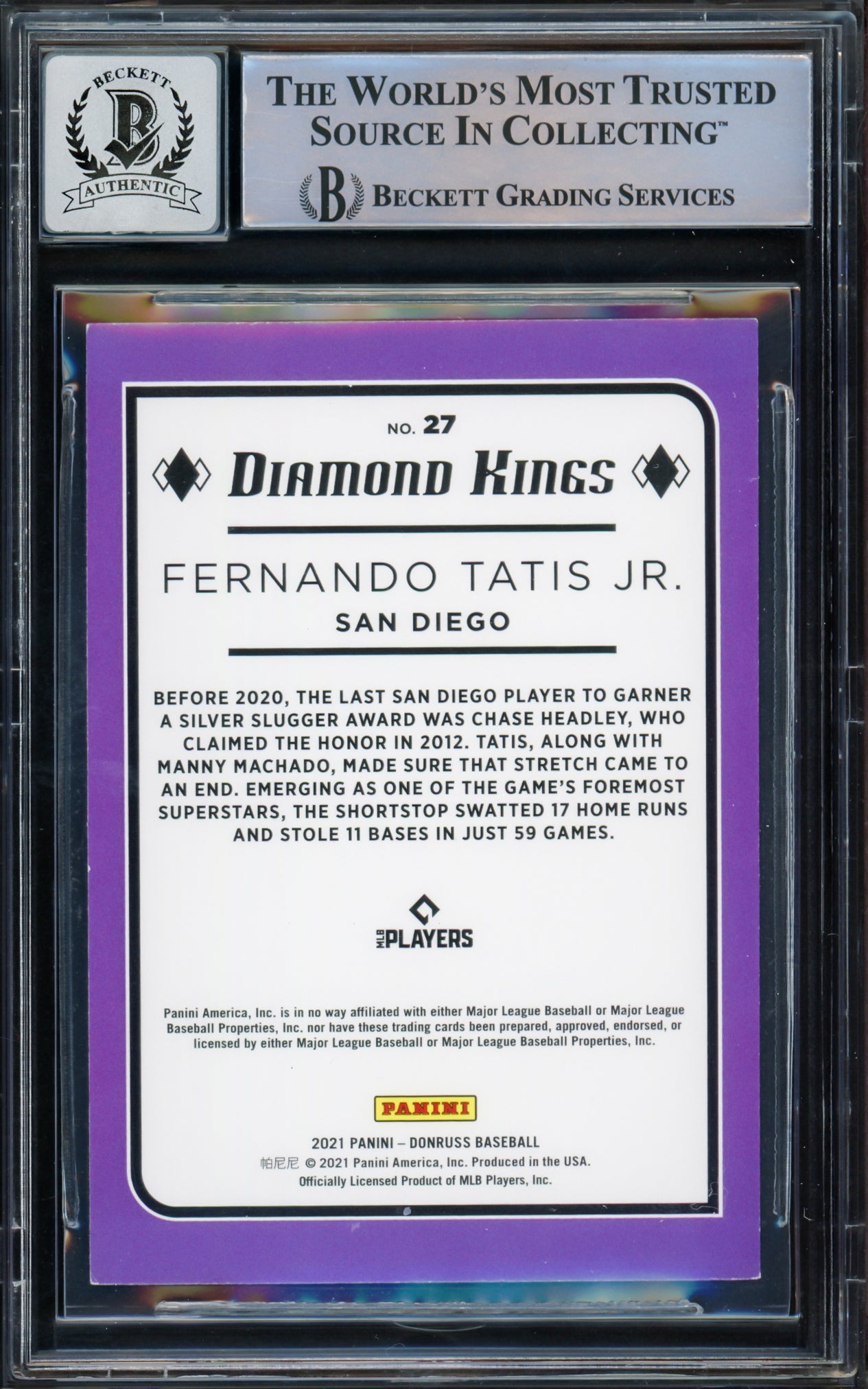 Fernando Tatis Jr. Autographed 2021 Donruss Diamond Kings Card #27 San Diego Padres Auto Grade Gem Mint 10 Beckett BAS #15774901