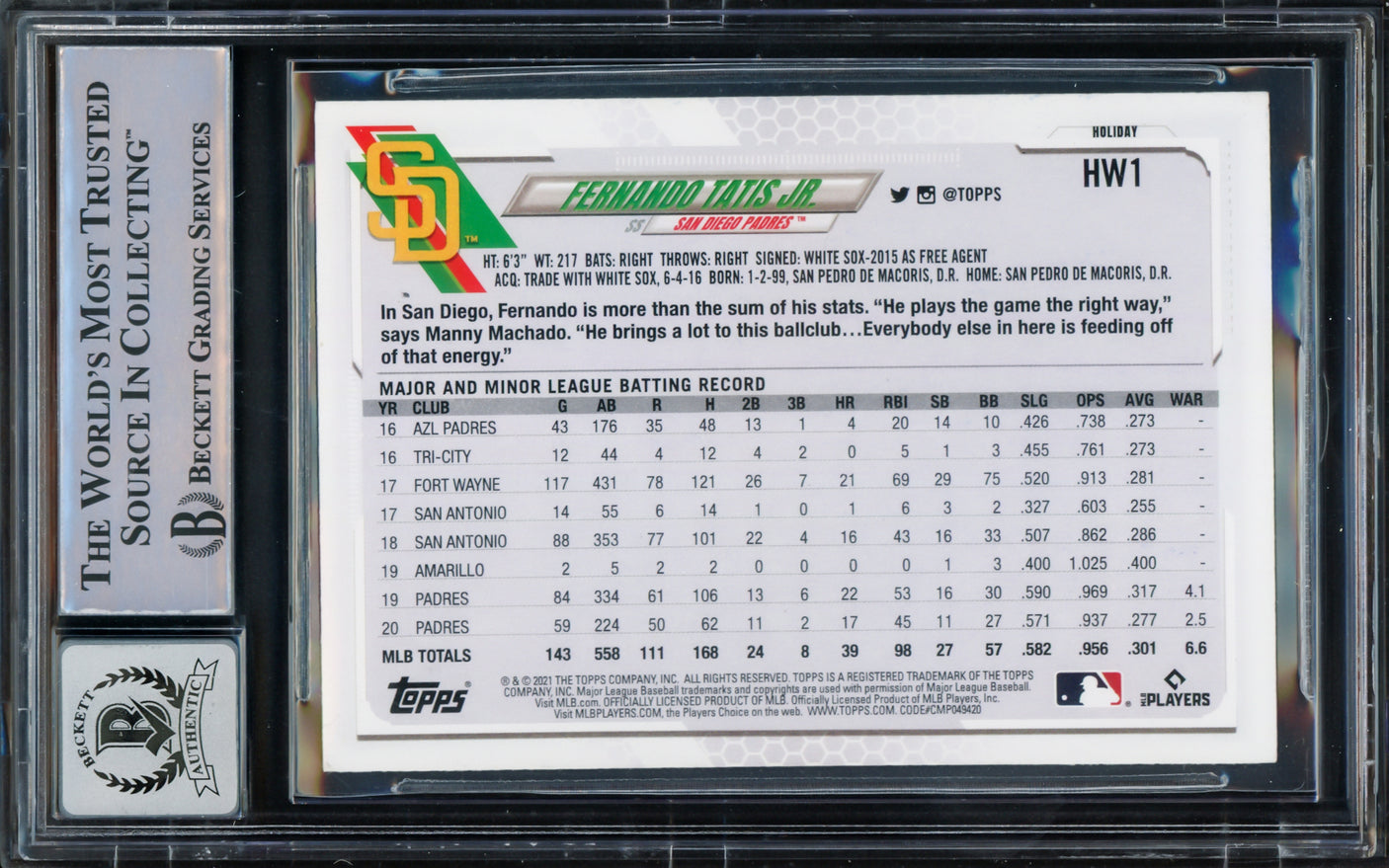 Fernando Tatis Jr. Autographed 2021 Topps Holiday Card #HW1 San Diego Padres Auto Grade Gem Mint 10 Beckett BAS #15775081