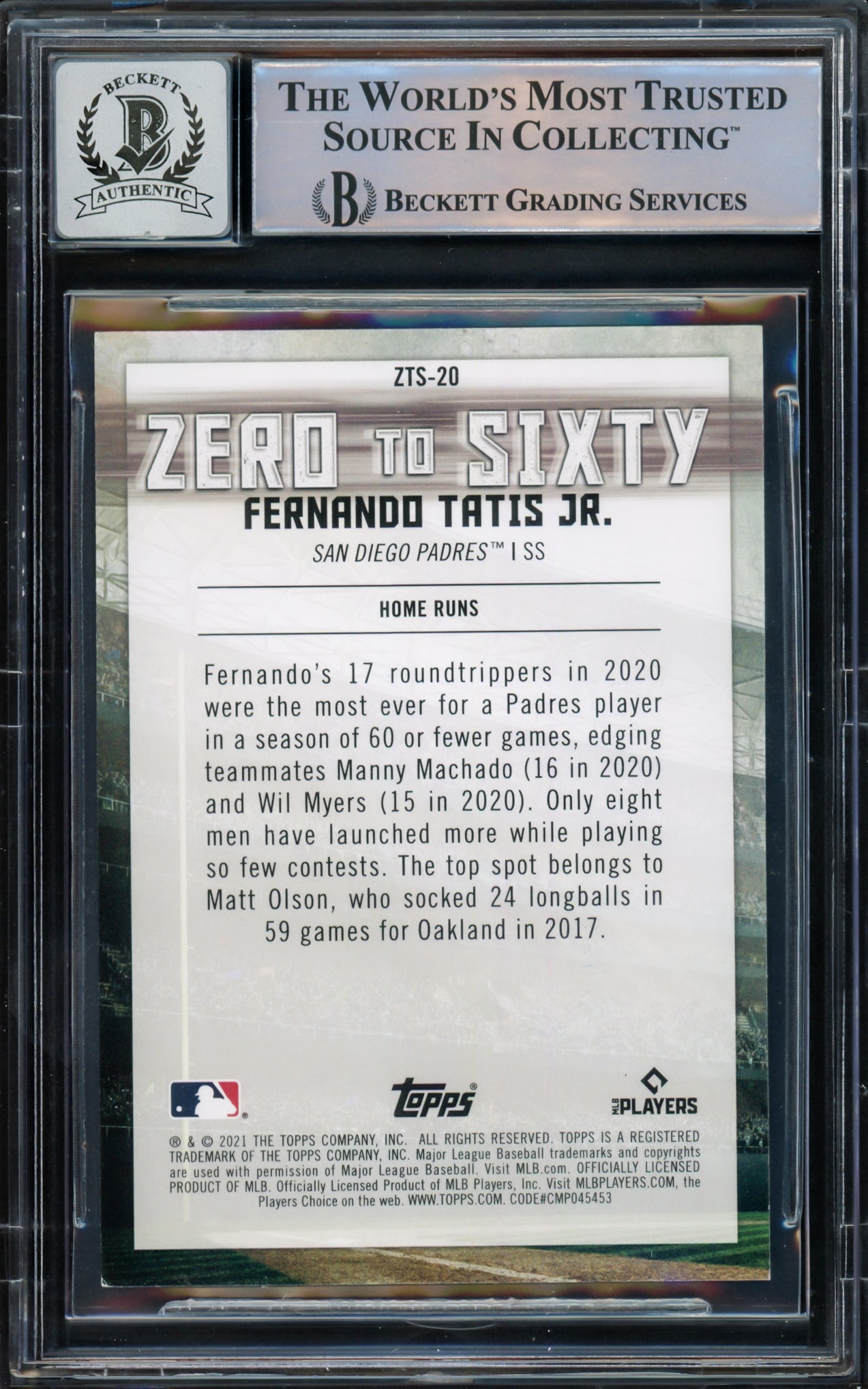 Fernando Tatis Jr. Autographed 2021 Topps Zero To Sixty Card #ZTS-20 San Diego Padres Auto Grade Gem Mint 10 Beckett BAS #15775095