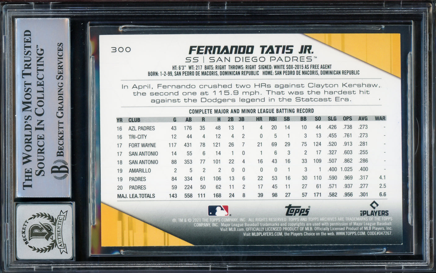 Fernando Tatis Jr. Autographed 2021 Topps Archives 140 Years of Baseball Card #300 San Diego Padres Auto Grade Gem Mint 10 Beckett BAS #15775098