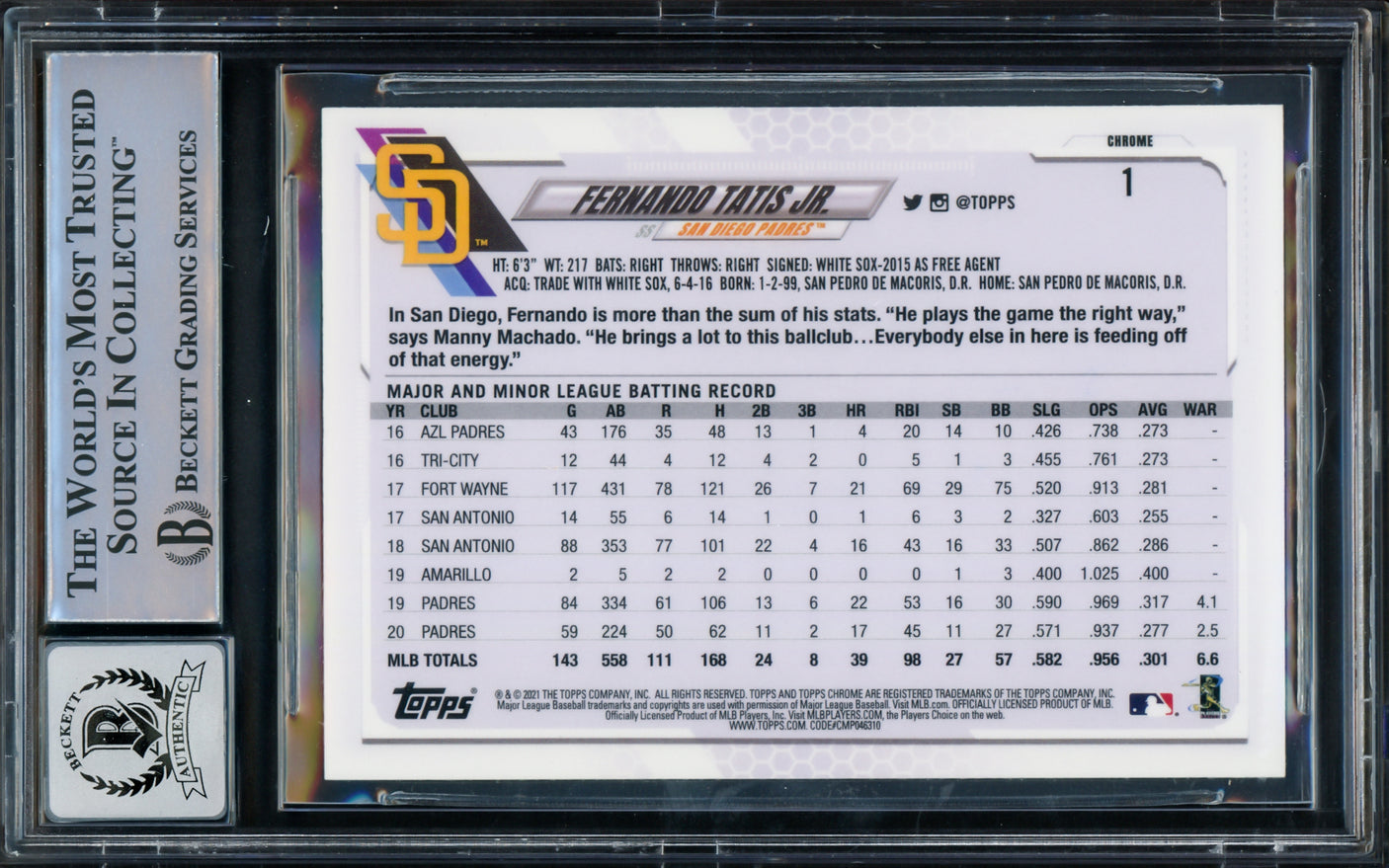 Fernando Tatis Jr. Autographed 2021 Topps Chrome Card #1 San Diego Padres Auto Grade Gem Mint 10 Beckett BAS #15775112