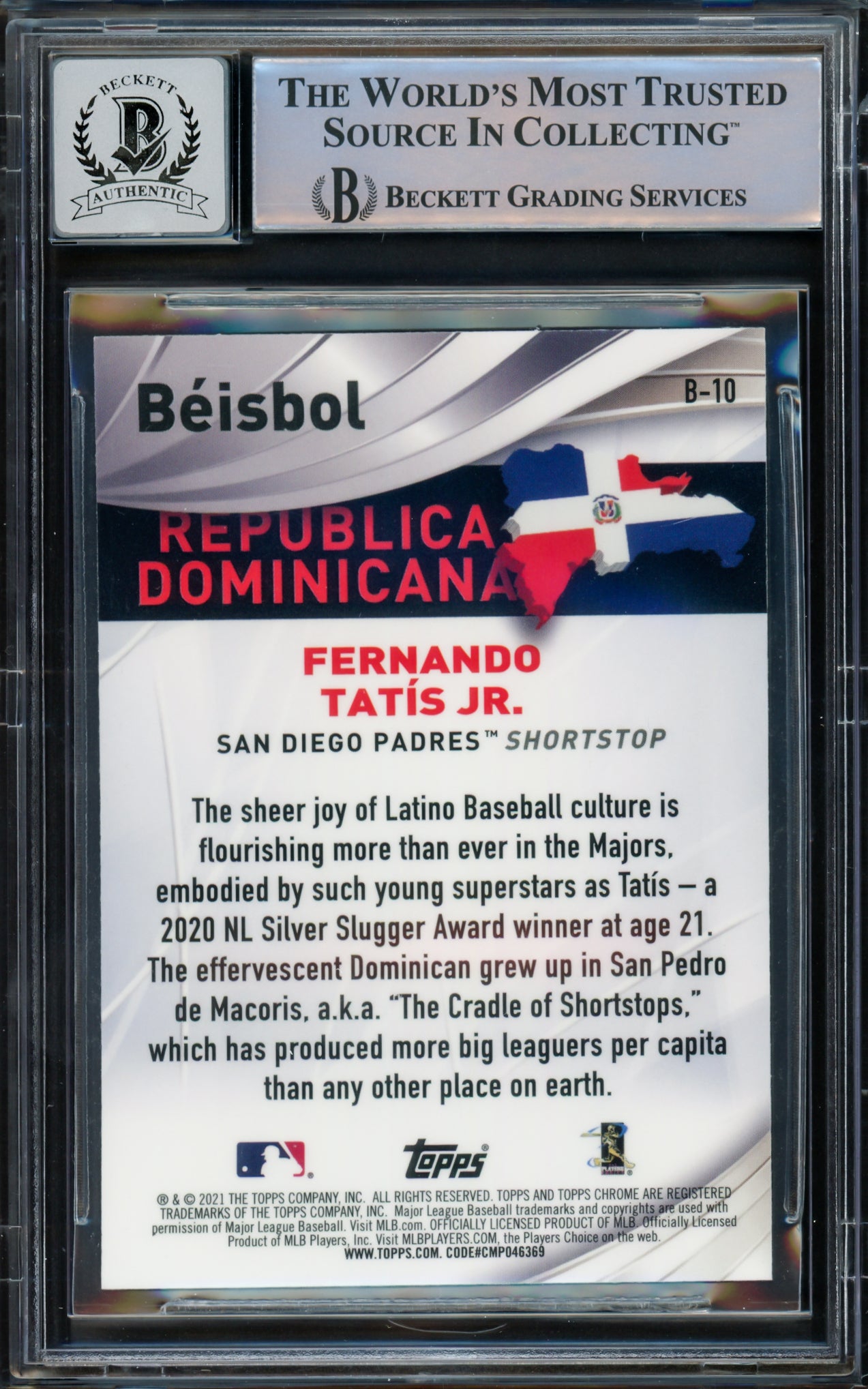 Fernando Tatis Jr. Autographed 2021 Topps Chrome Beisbol Card #B-10 San Diego Padres Auto Grade Gem Mint 10 Beckett BAS #15775117