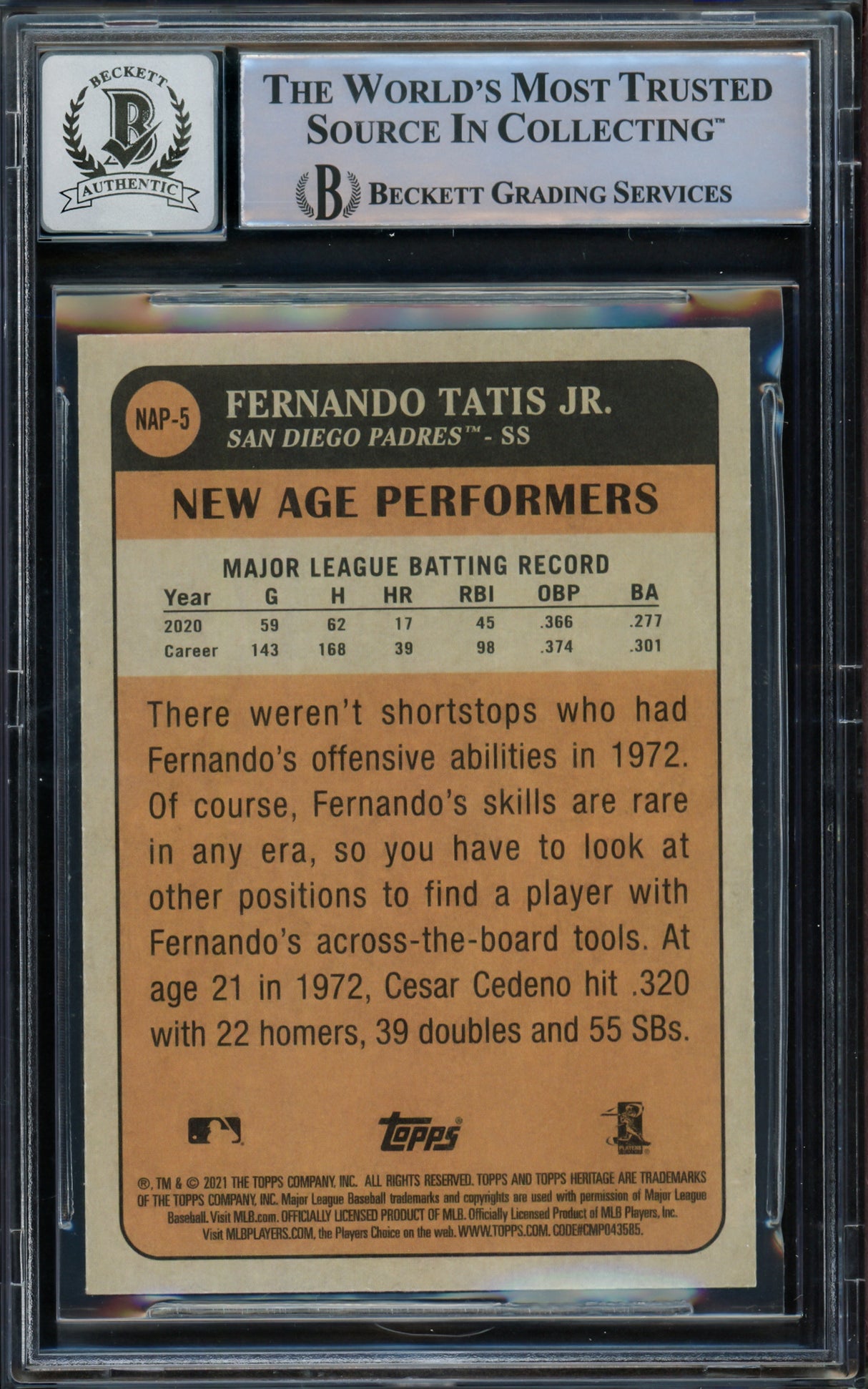 Fernando Tatis Jr. Autographed 2021 Topps Heritage New Age Performers Card #NAP-5 San Diego Padres Auto Grade Gem Mint 10 Beckett BAS #15775177