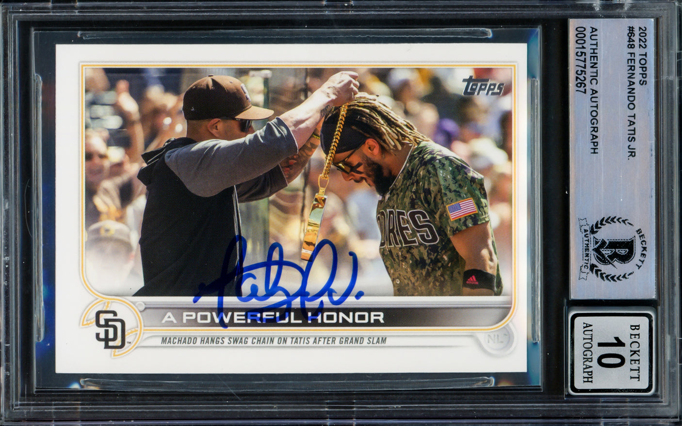 Fernando Tatis Jr. Autographed 2022 Topps Card #648 San Diego Padres Auto Grade Gem Mint 10 Beckett BAS #15775267