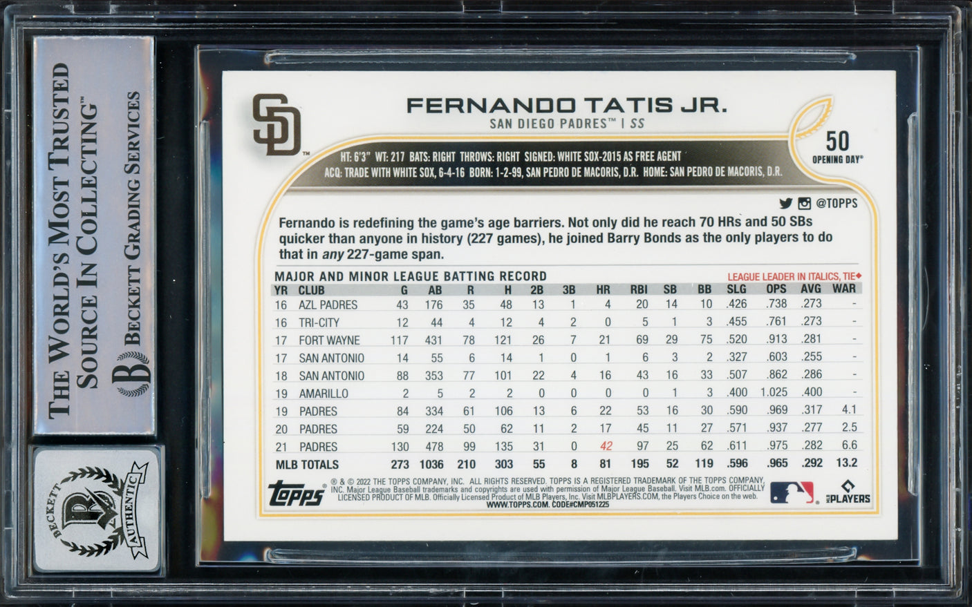 Fernando Tatis Jr. Autographed 2022 Topps Opening Day Card #50 San Diego Padres Auto Grade Gem Mint 10 Beckett BAS #15775270