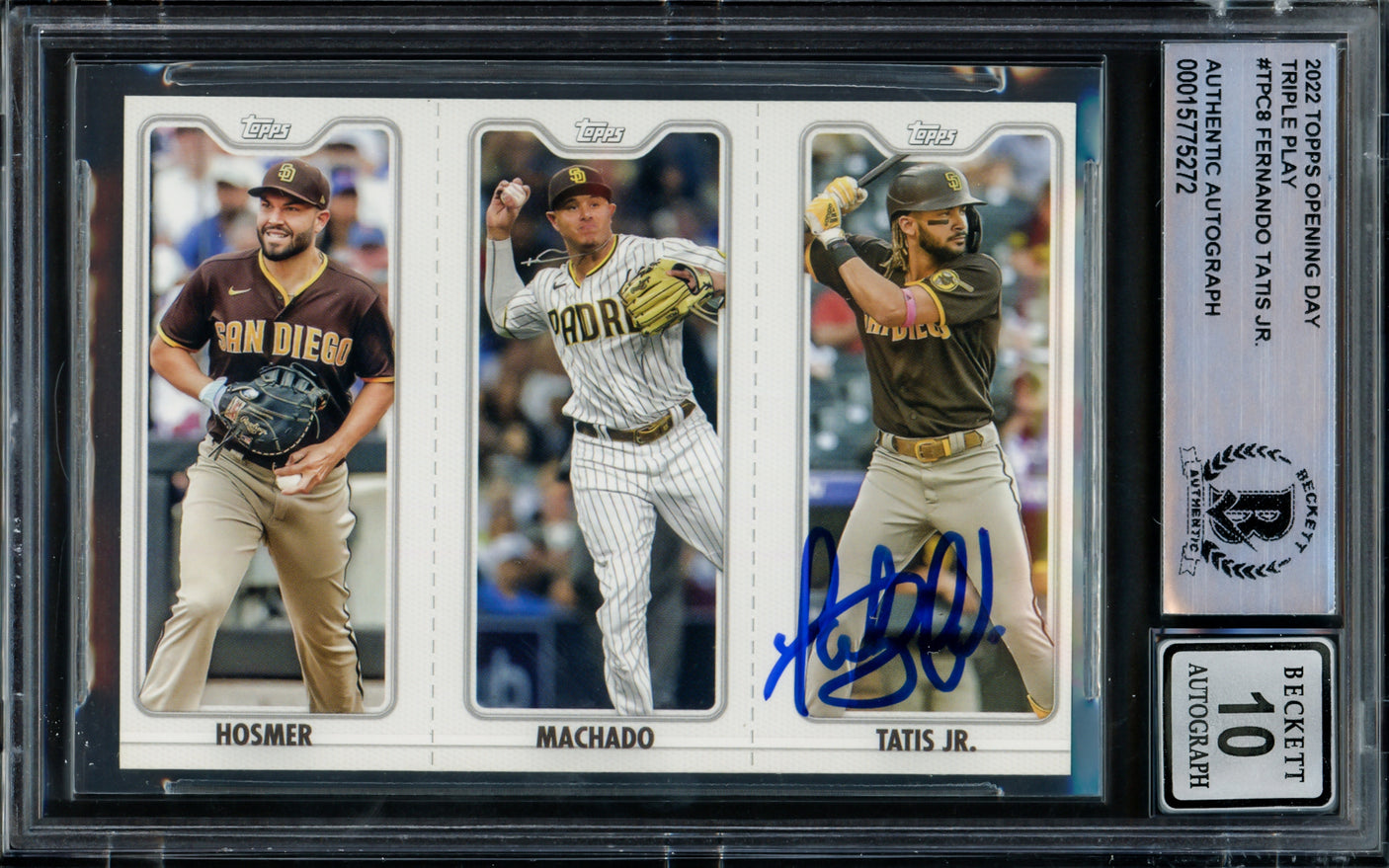 Fernando Tatis Jr. Autographed 2022 Topps Opening Day Triple Play Card #TPC-8C San Diego Padres Auto Grade Gem Mint 10 Beckett BAS #15775272